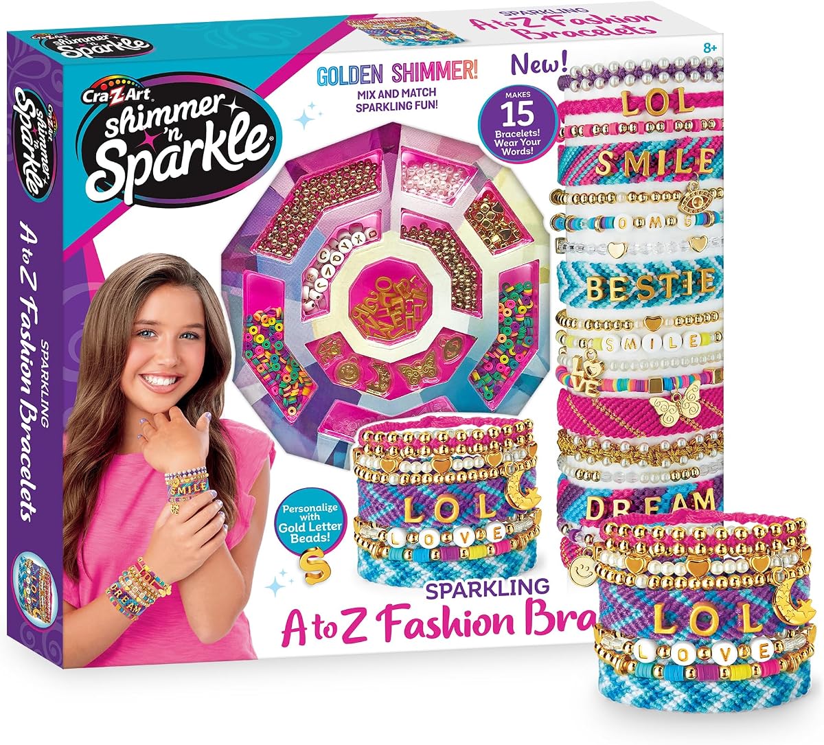 Shimmer 'n Sparkle Sparkling A-Z Fashion Bracelet Making Kit | DIY Bracelet Making Kit, Letter & Alphabet Beads, Metallic Thread, Makes 15 Bracelets, Ages 8+, Birthday Gift