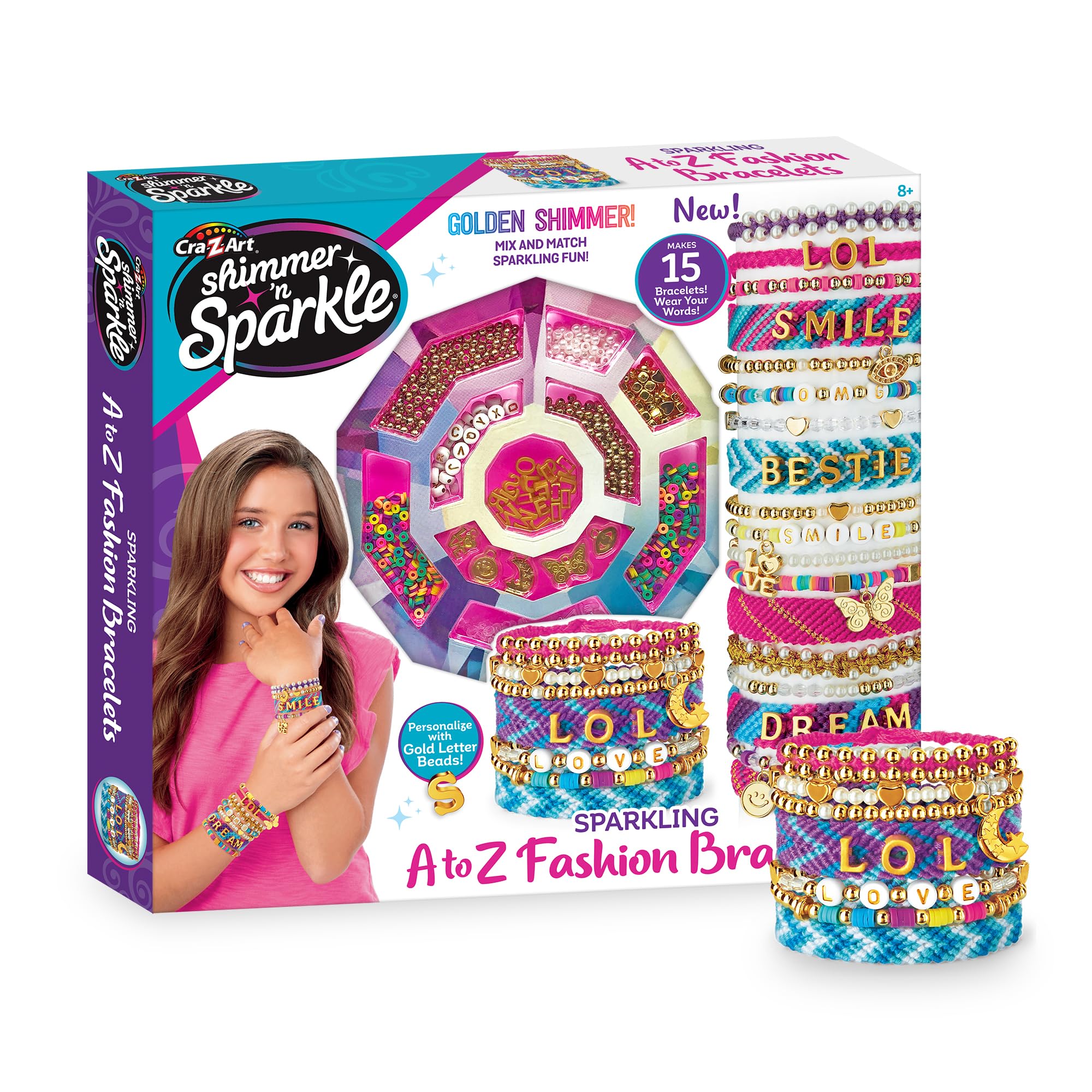 Shimmer 'n Sparkle Sparkling A-Z Fashion Bracelets Making Kit - Make 15 Unique Bracelets, Comes with Letter Beads, Charms and Metallic Thread, Great for Ages 8 and Up