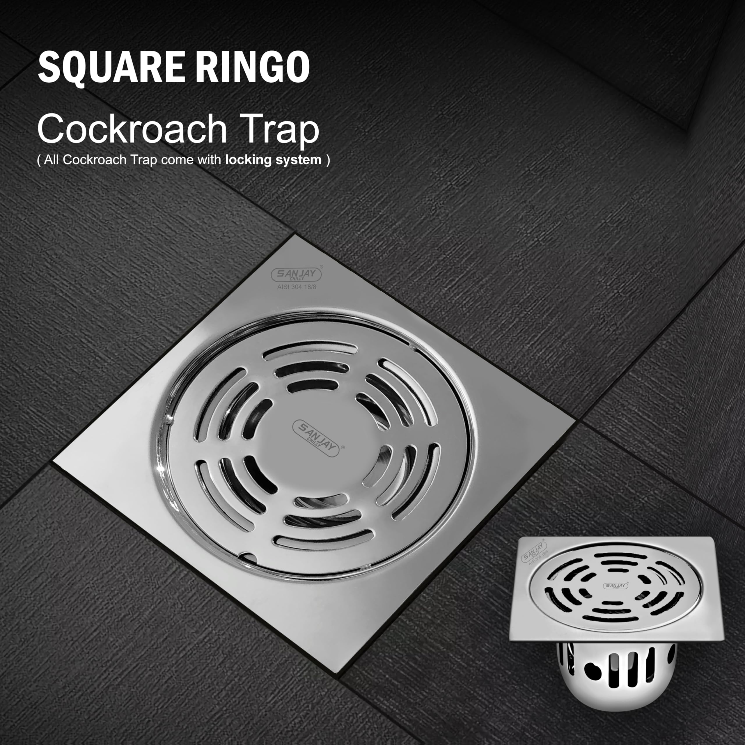 Sanjay Chilly Floor Drain Cockroach Trap for Bathroom 304 SS Grade Kitchen Washbasin Bathtub Sink Safety from Insects Anti Locking System (Square Ringo 3 x 3 INCH Silver) 4