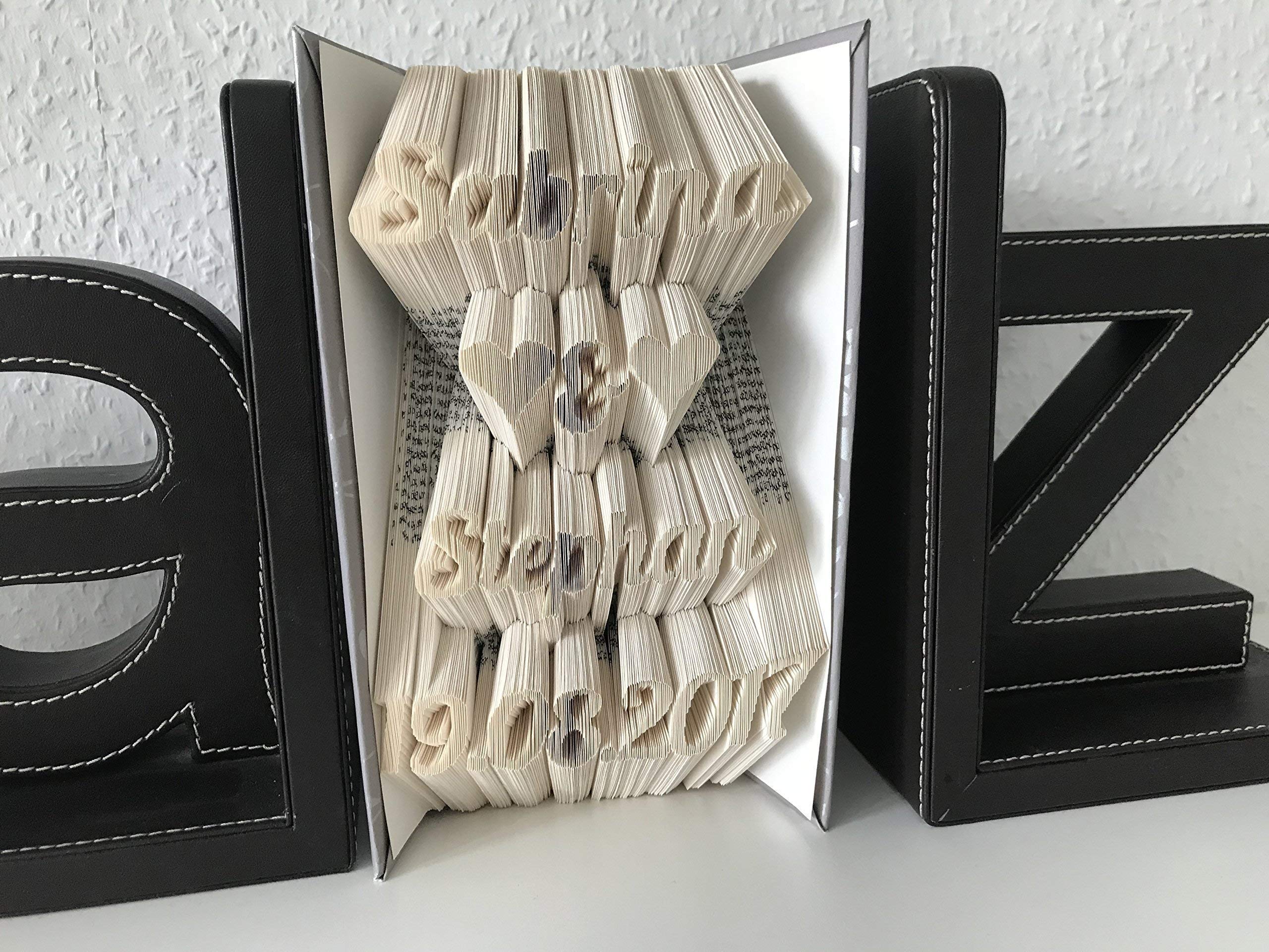 Gefaltetes Buch mit Wunschname & Datum – personalisiertes Geschenk Hochzeit, Jubiläum, Hochzeitstag, Jahrestag – Buchkunst mit Vier Zeilen nach Wunsch – handgefertigtes Unikat