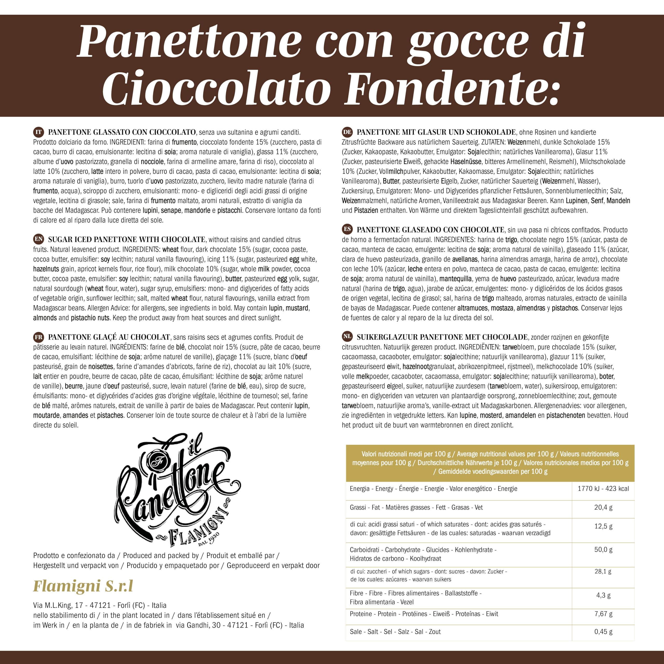 FLAMIGNI, Panettone Artigianale con Gocce di Cioccolato Fondente, Glassato con Nocciole e Mandorle, Senza Uvetta e Canditi, Confezione Incartata a Mano Ideale come Regalo di Natale, 1kg