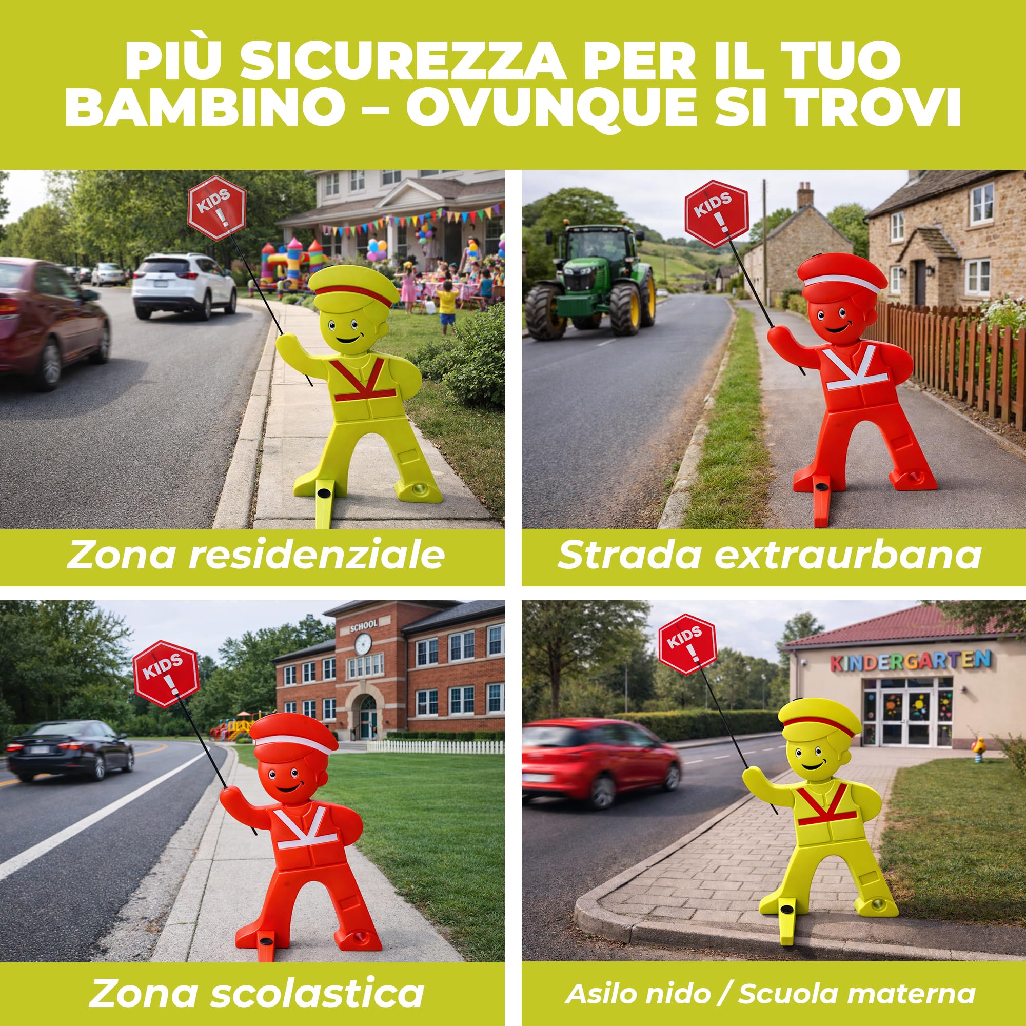 Cartello Attenzione Bambini – Segnale Bambini che Giocano Riflettente | Per strade residenziali, vialetti e scuole • Base stabile riempibile • Gilet riflettente ad alta visibilità