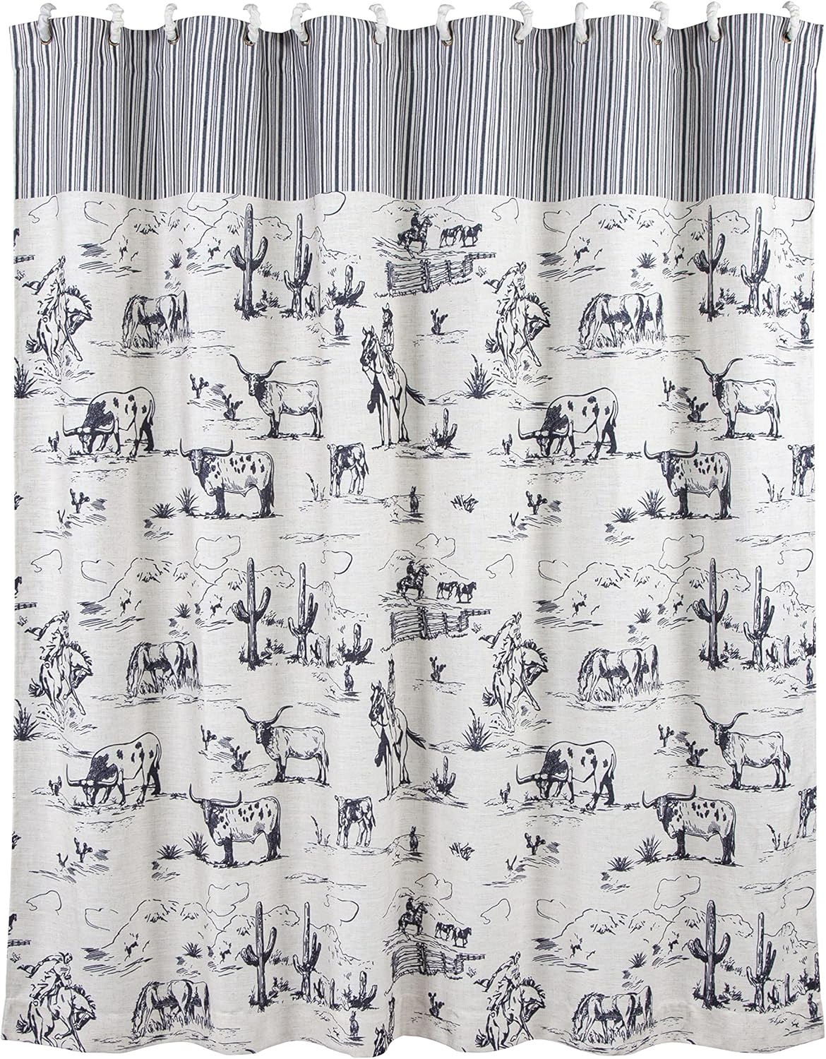 Paseo Road Ranch Life Bathroom Fabric Shower Curtain with 12 Hooks, 72x72 inch, Black and White Cowboy Cow Longhorn Horse Print, Western Style