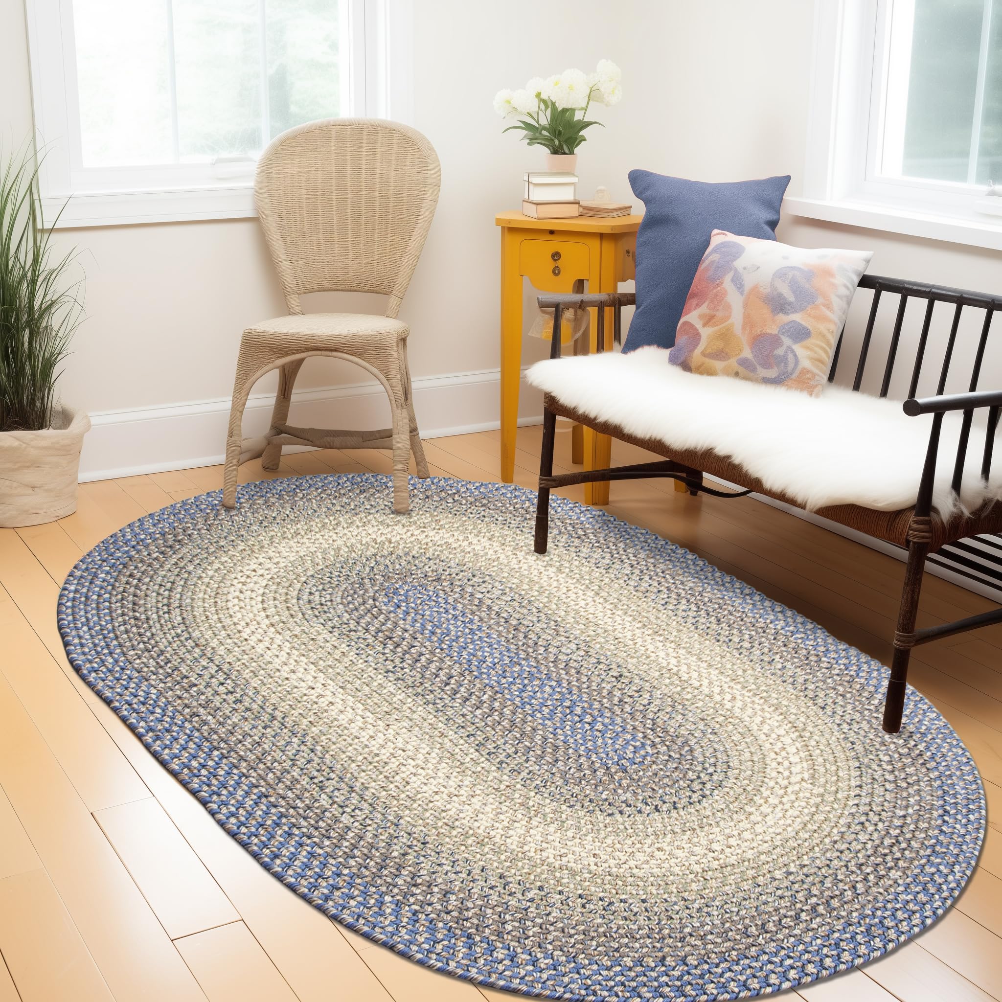 Super Area Rugs Braided Rugs 3X5 Farmhouse Kitchen Rug - Ridgewood Braided Rug for Living Room - Reversible - Indoor/Outdoor - Made in USA - Blue/