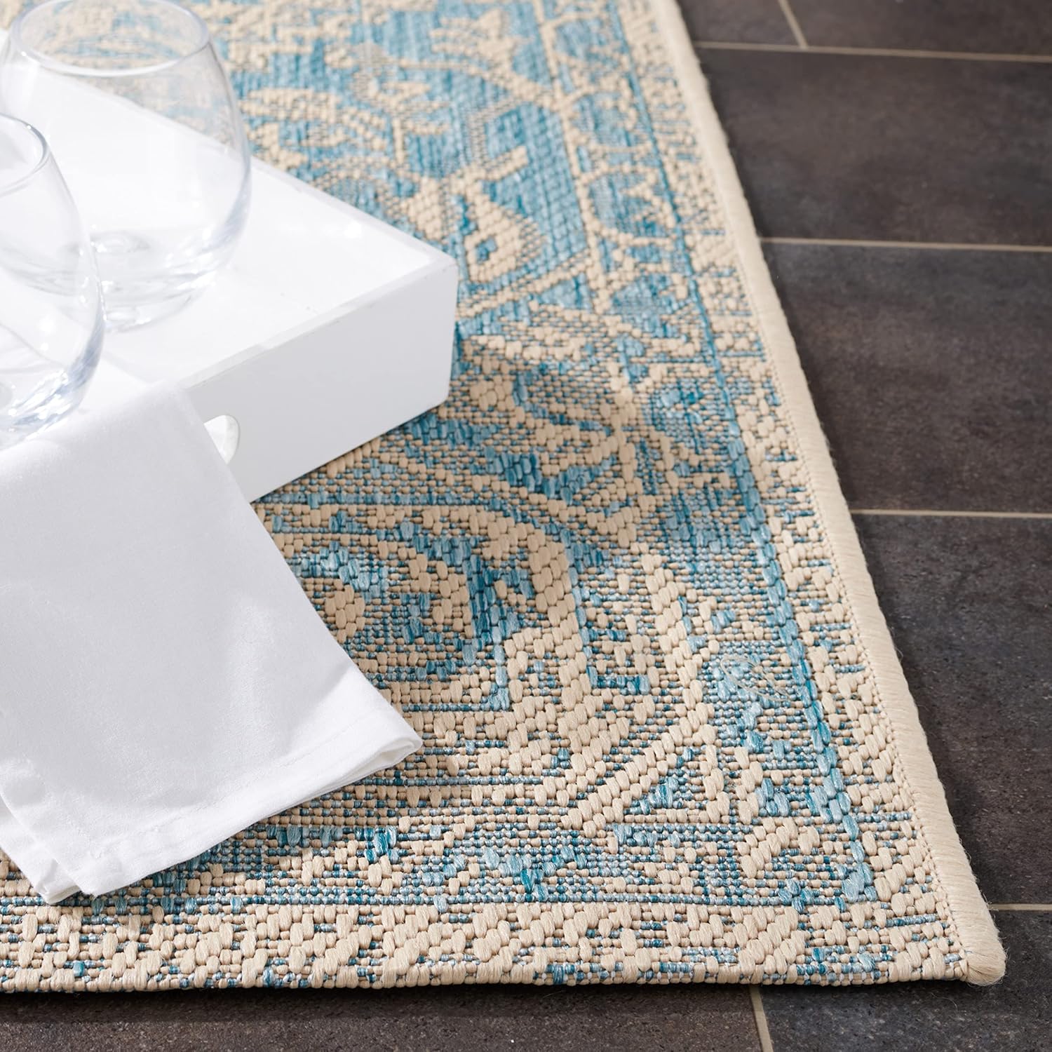 SAFAVIEH Area Rug 8x10 - Outdoor Beach House Collection - Large - Aqua & Cream, Medallion Design, Weather Resistant & Washable, Ideal for Patio, Backyard, Mudroom, Deck, Dining Space (BHS138K)