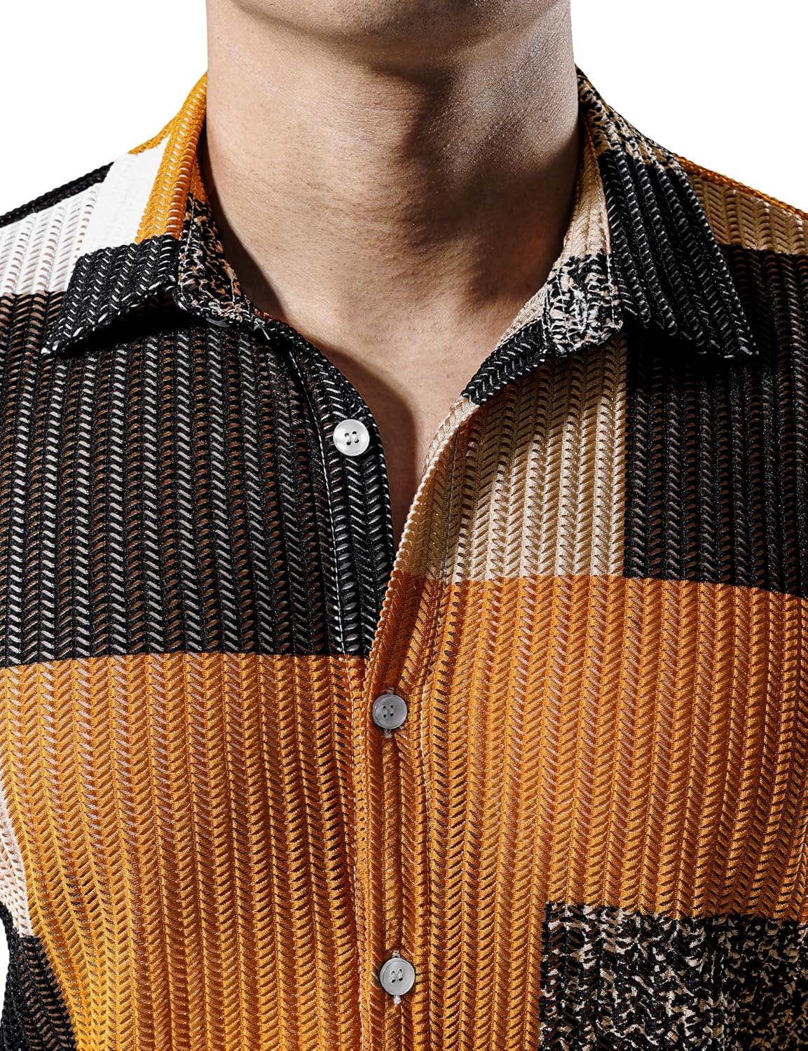 JOGAL Mens Mesh See Through Floral Shirts Stretch Wrinkle-Free Regular Fit Short Sleeve Casual Button Down Summer Shirts - Image 5