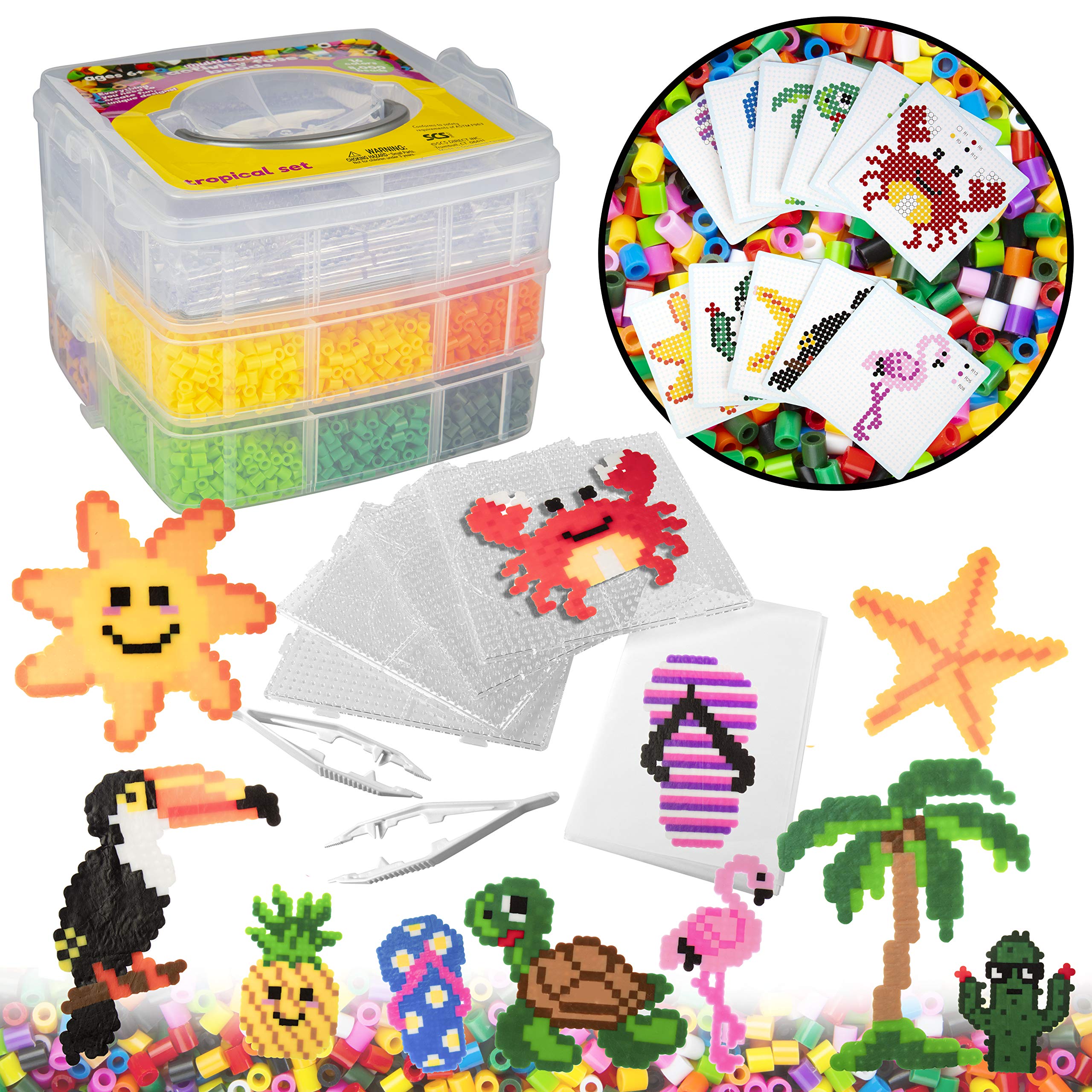 8,000 pc DIY Complete Fuse Bead Kit w Carrying Case -Fun Summer Kids Party- 16 Colors, 11 Unique Templates, 4 Peg Boards, Tweezers- Art Craft Project, Kids Birthday Party, Summer Camp