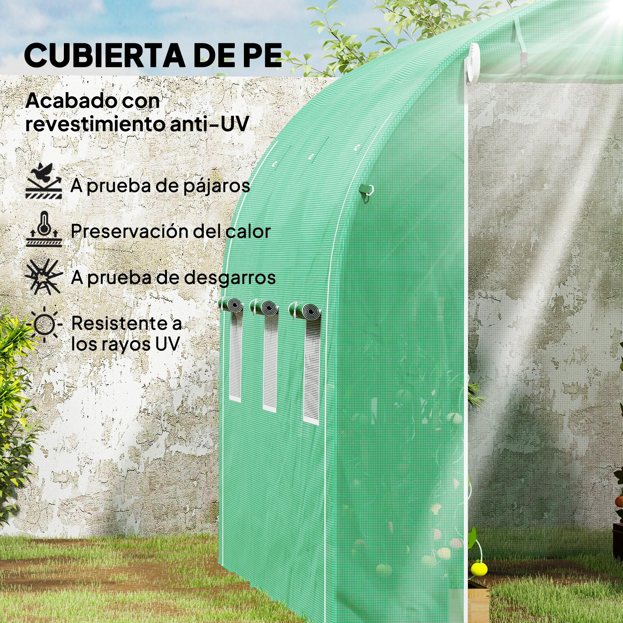 Outsunny Invernadero de Túnel 296x196x200 cm Invernadero de Jardín con 3 Puertas Enrollables 6 Ventanas Cubierta PE 140g/m² Estructura de Acero Galvanizado para Cultivos Plantas Flores Verde