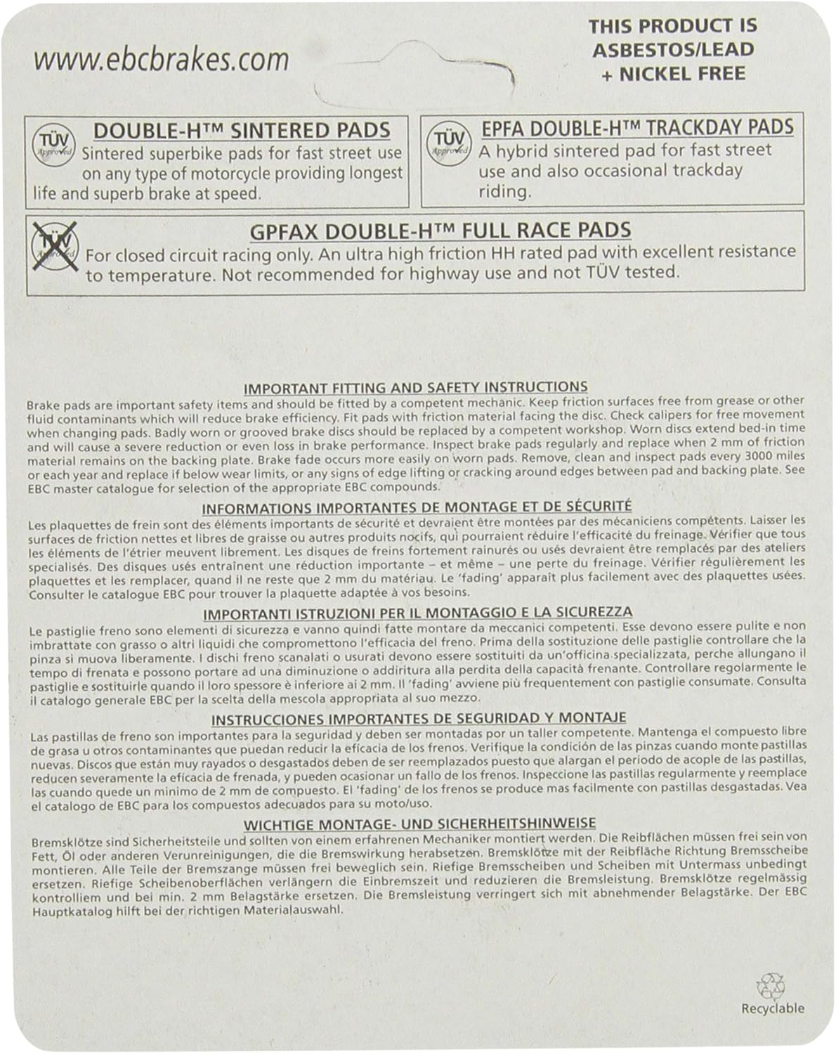 EBC Brakes USA Made Double-H Series Sintered Brake Pads FA261HH to Fit VICTORY,HONDA
