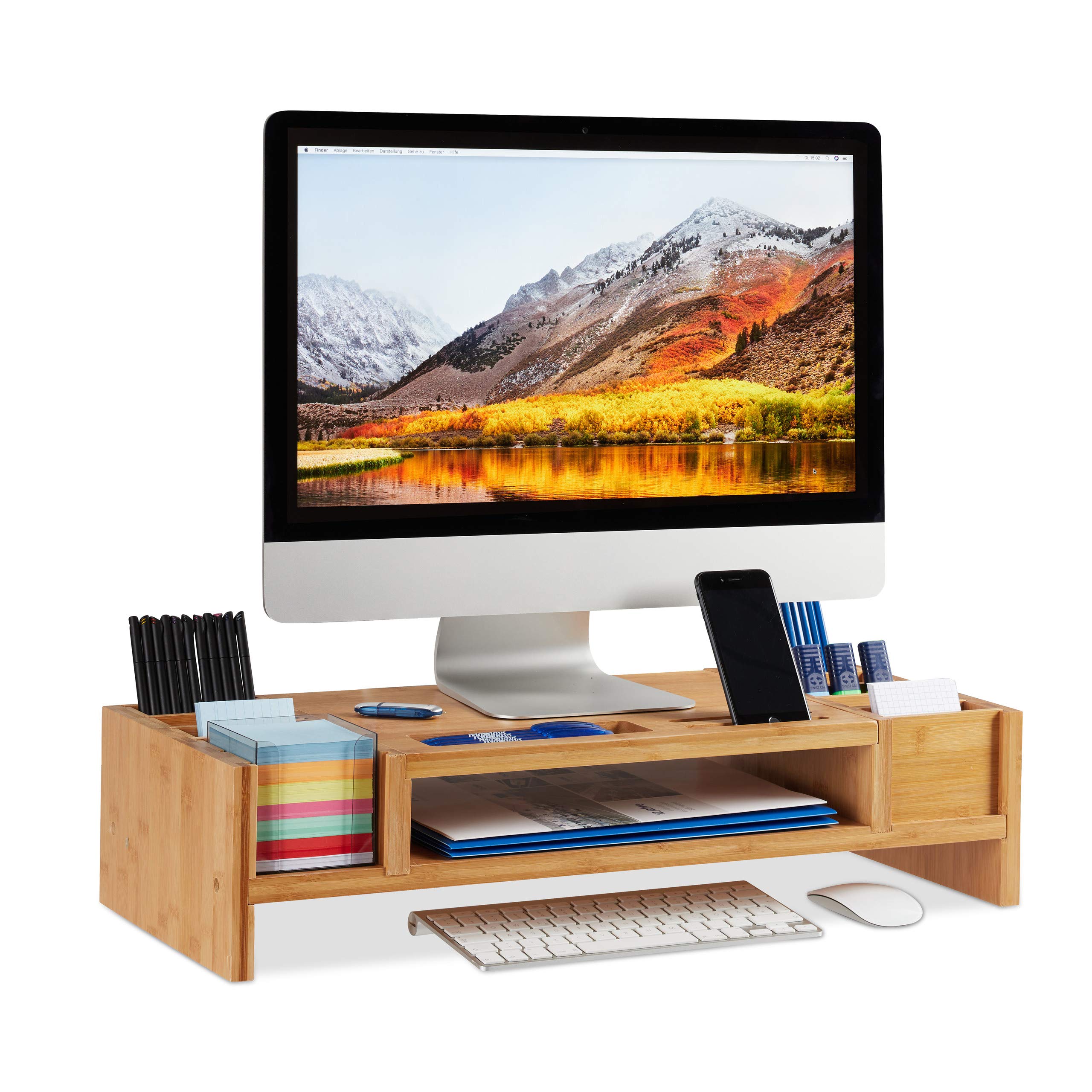 Relaxdays Monitorständer, Bildschirmständer aus Bambus, 14 Fächer, ergonomischer Monitorerhöher, HBT 15x65x28 cm, natur, Braun, Natürlich.