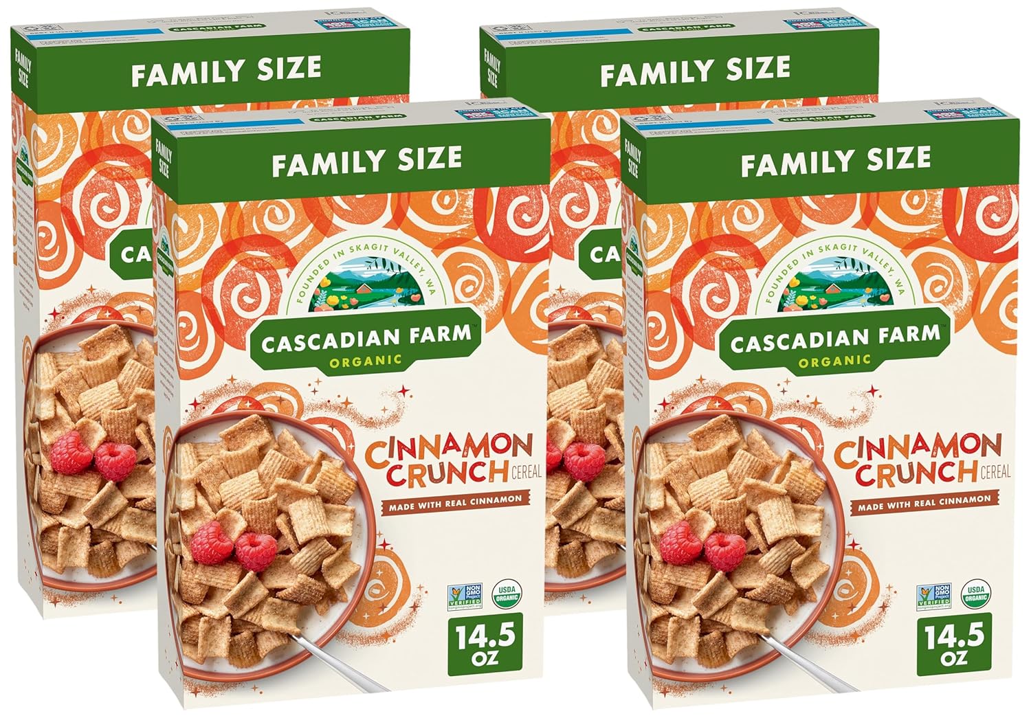 Cascadian Farm Organic Cinnamon Crunch Cereal,Family Size,14.5 oz,(Pack of 4)