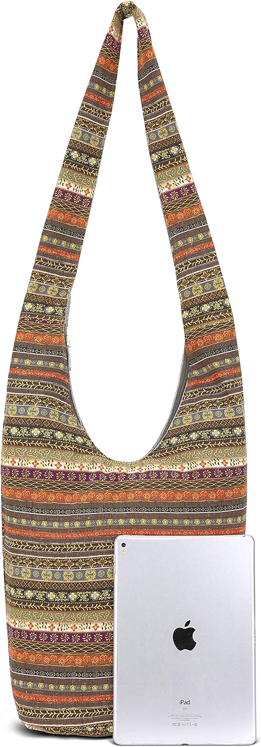 Miniatura 6 de Bolsa de hombro para mujer, de lona en estilo hippiebohemio para llevar cruzada al hombro, disponible en diferentes colores y estampados