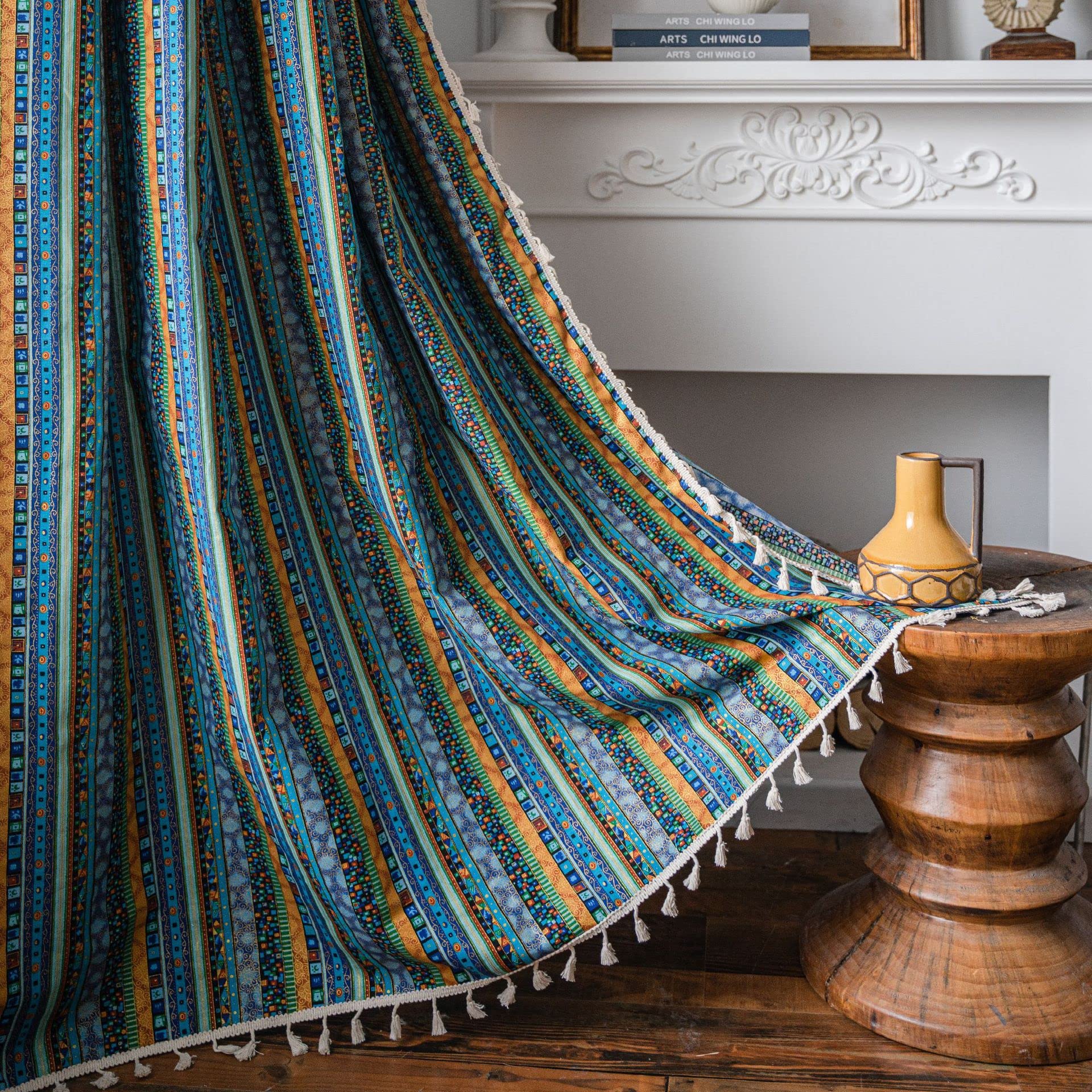 Plancholo Blue Boho Semi Blackout Curtain 63 Inches Long For Bedroom Living Room Bohemian Striped Print Cotton Linen Window Curtain Panel With Tassels Rod Pocket Drape (1 Panel, 59" W X 63" L, )