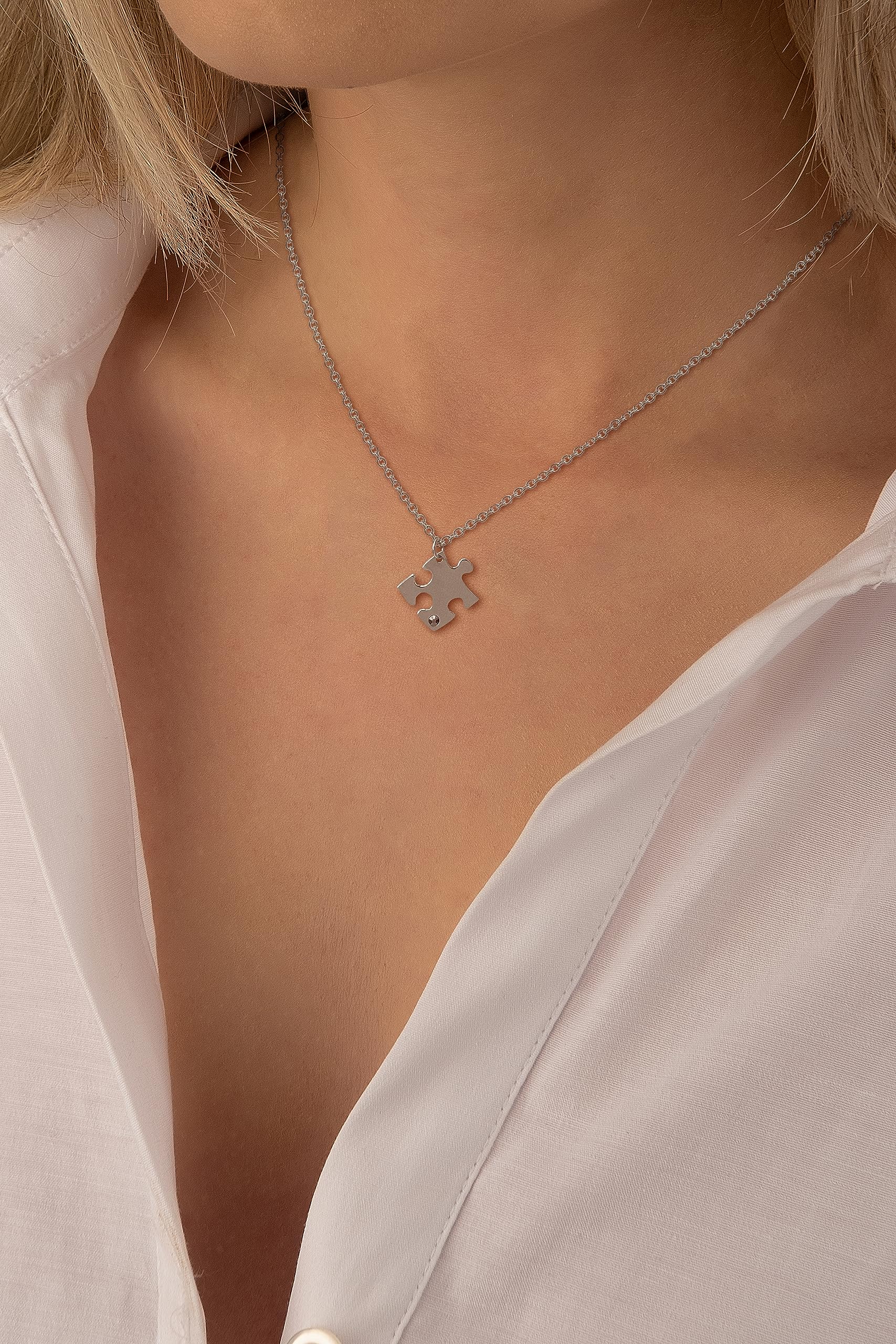 Aka Gioielli® - Collana per 2 in Argento 925 Rodiato con Ciondolo Puzzle Coppia con Zircone, Regalo per Fidanzati o Amici