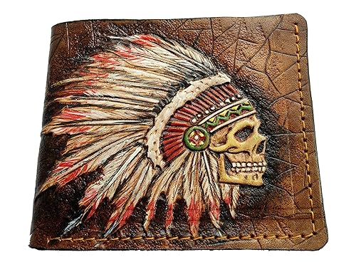 Indian Skull, Red Man, Native American Skull, Men's 3D Genuine Leather Wallet, Handmade wallet, Carved wallet, Tooled wallet, Airbrush Art, Bifold