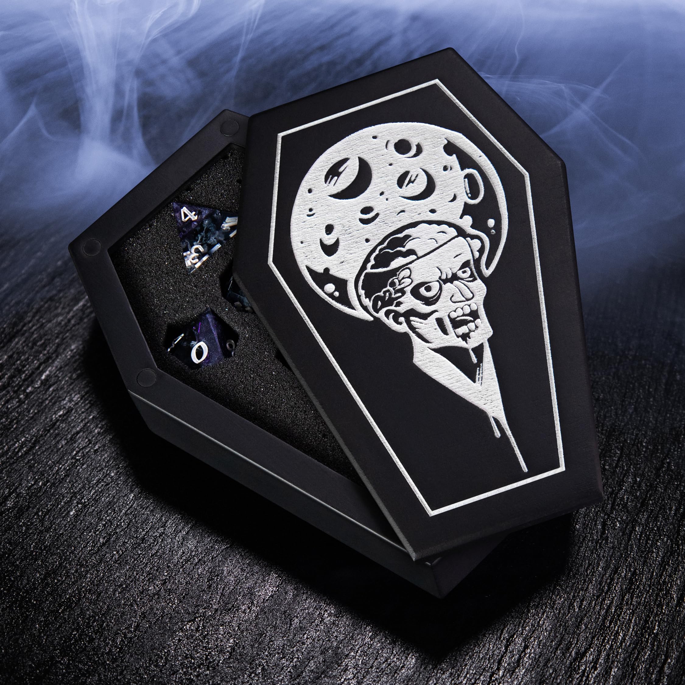 Dice Set and Dice Box– Dark Necromancer Polyhedral Dice with 3D Miniatures Inside. Sharp Edge Resin DND Dice Set with Undead Army.