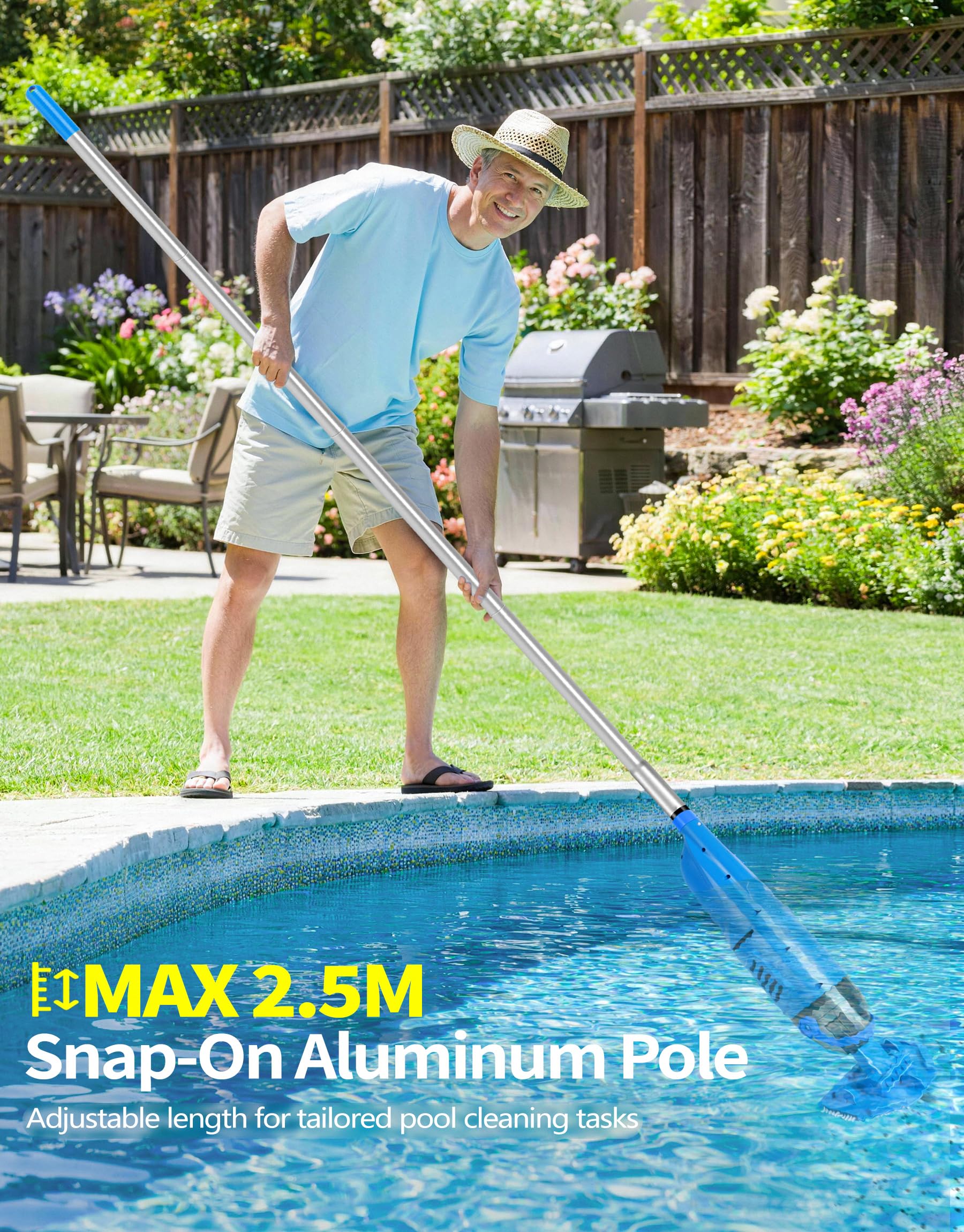 LanBlu Poolsauger Akku, Doppelbürstenköpfe Pool Staubsauger Akku mit Teleskopstange bis zu 250cm, 4200L/H Poolsauger Bodensauger mit 4 Filter,Rückflussverhinderungsdesign Pool Bodenreiniger Dunkelblau