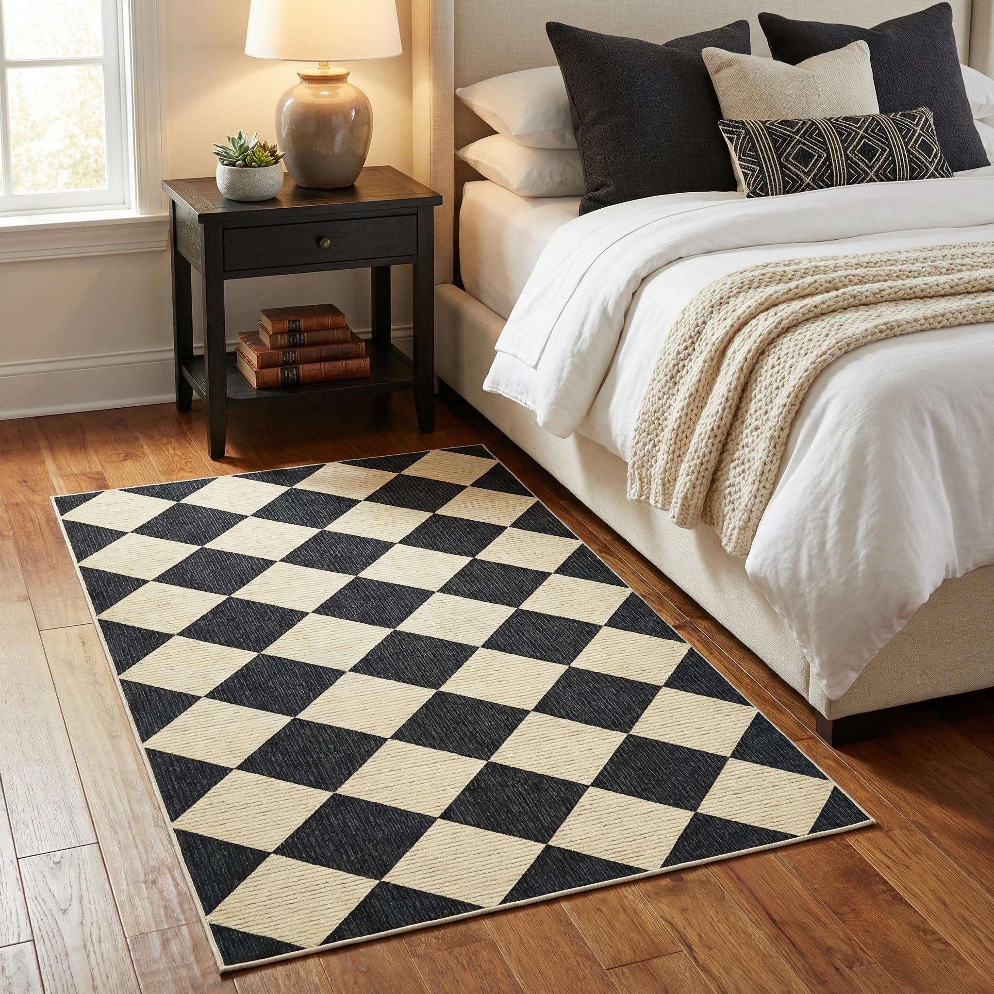 GarveeHome 3x5 Checkered Rug for Bedroom, Modern Geometric Plaid Non Slip Washable Entryway Rug Black Neutral Boys Carpet Classic Throw Mat for