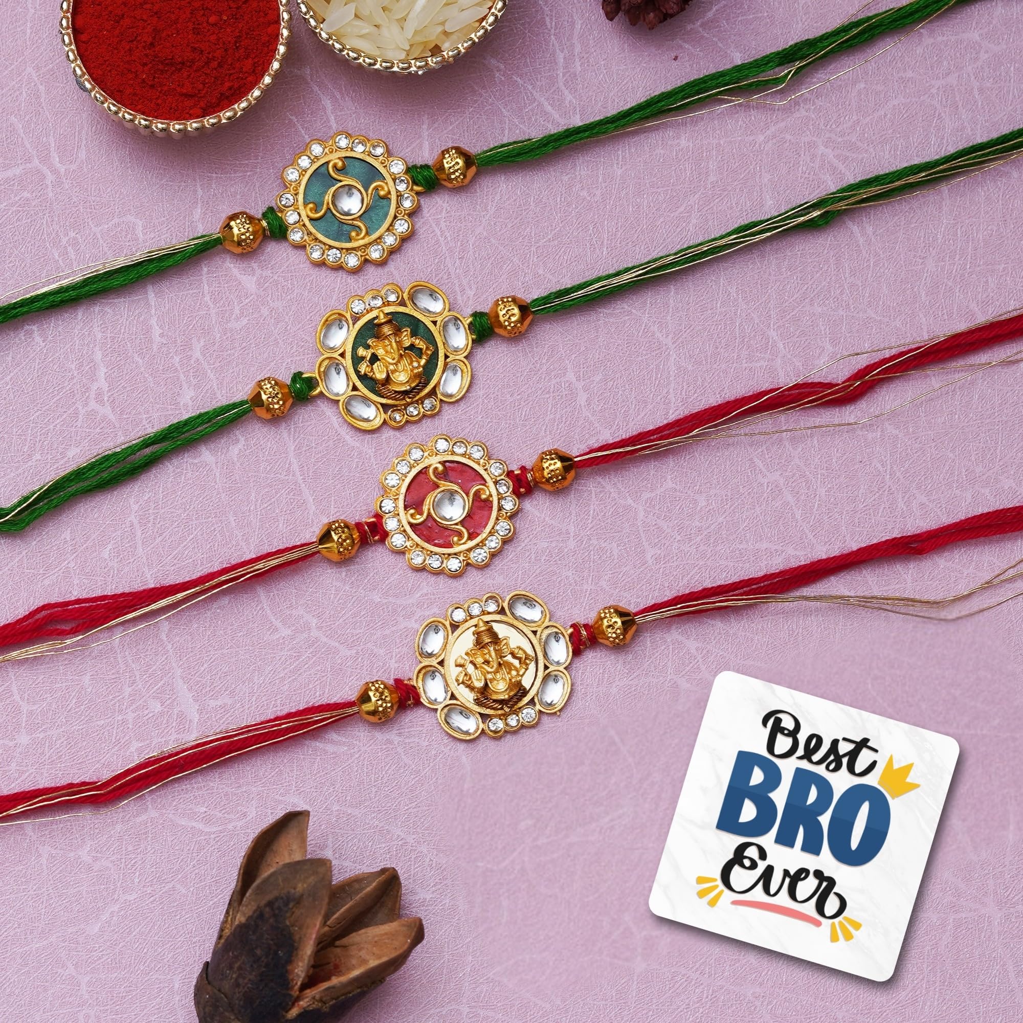 eCraftIndia Set of 4 Multicolor Floral & Lord Ganesha Religious Designer Rakhis, Best Bro Ever Fridge Magnet with Roli Chawal Pack - Rakhis for Brother, Bhabhi, Kids
