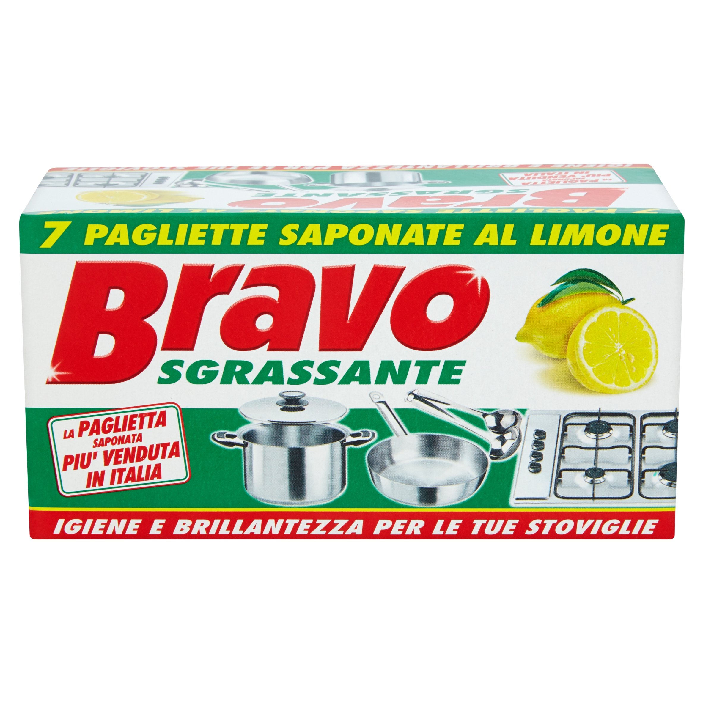 Bravo, Pagliette Saponate al Limone, Pulizia Rapida ed Efficace, Extra Potere Sgrassante e Pulente, 1 Confezione da 7 Pezzi