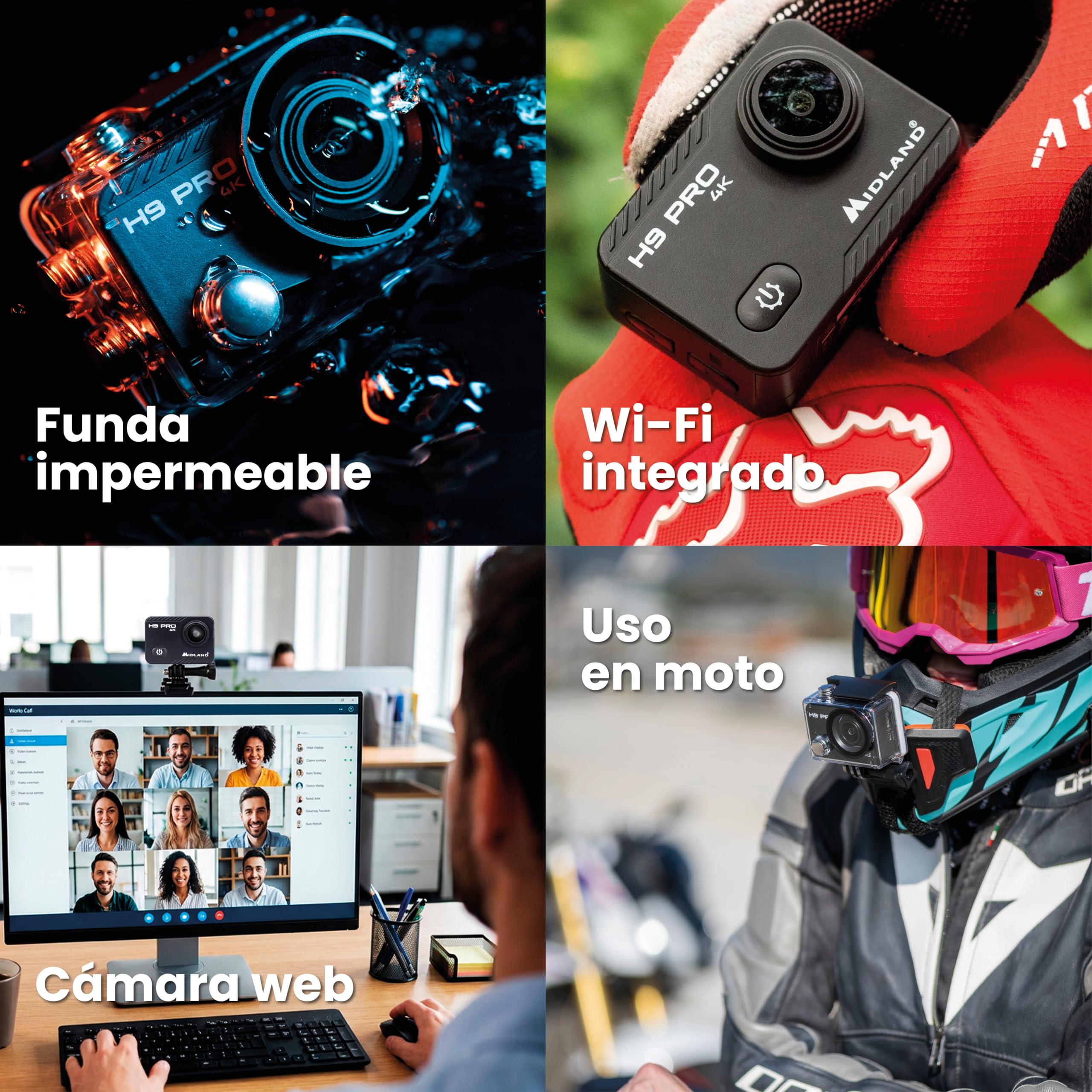 Midland - Cámara Acción 4K H9 Pro WiFi con Mando a Distancia, Cámara Deportiva y Acuática 30 m, 2H de Autonomía, 30fps, Fotos 20MP, Pantalla Táctil IPS, 7 Modos de Video, Control por Smartphone