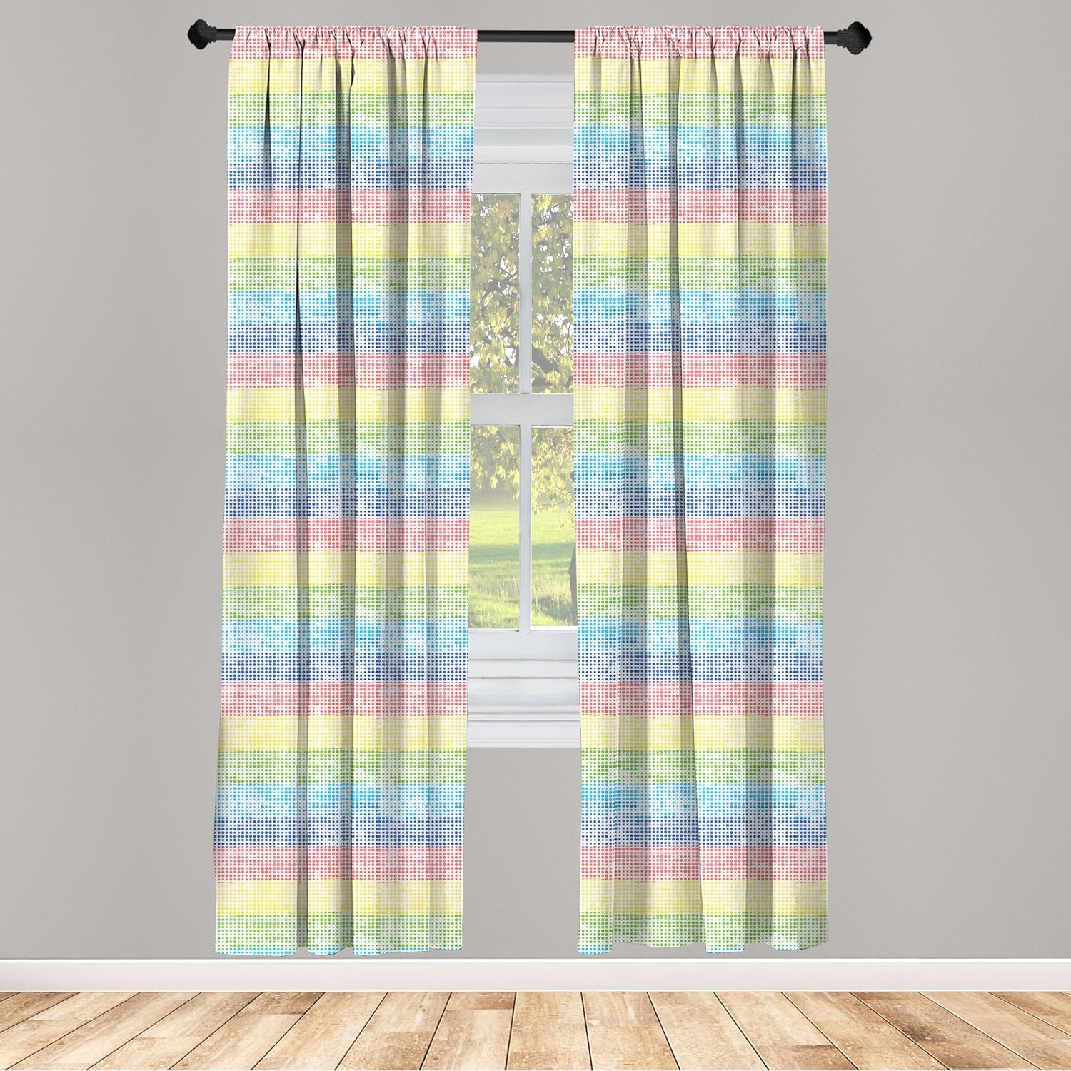 Lunarable Polka Dot Window Curtains, Colorful Rainbow Circles Design Halftone Motif with Watercolor Effect, Lightweight Decor 2-Panel Set with Rod Pocket, Pair of - 28" x 84", Yellow Green image 2