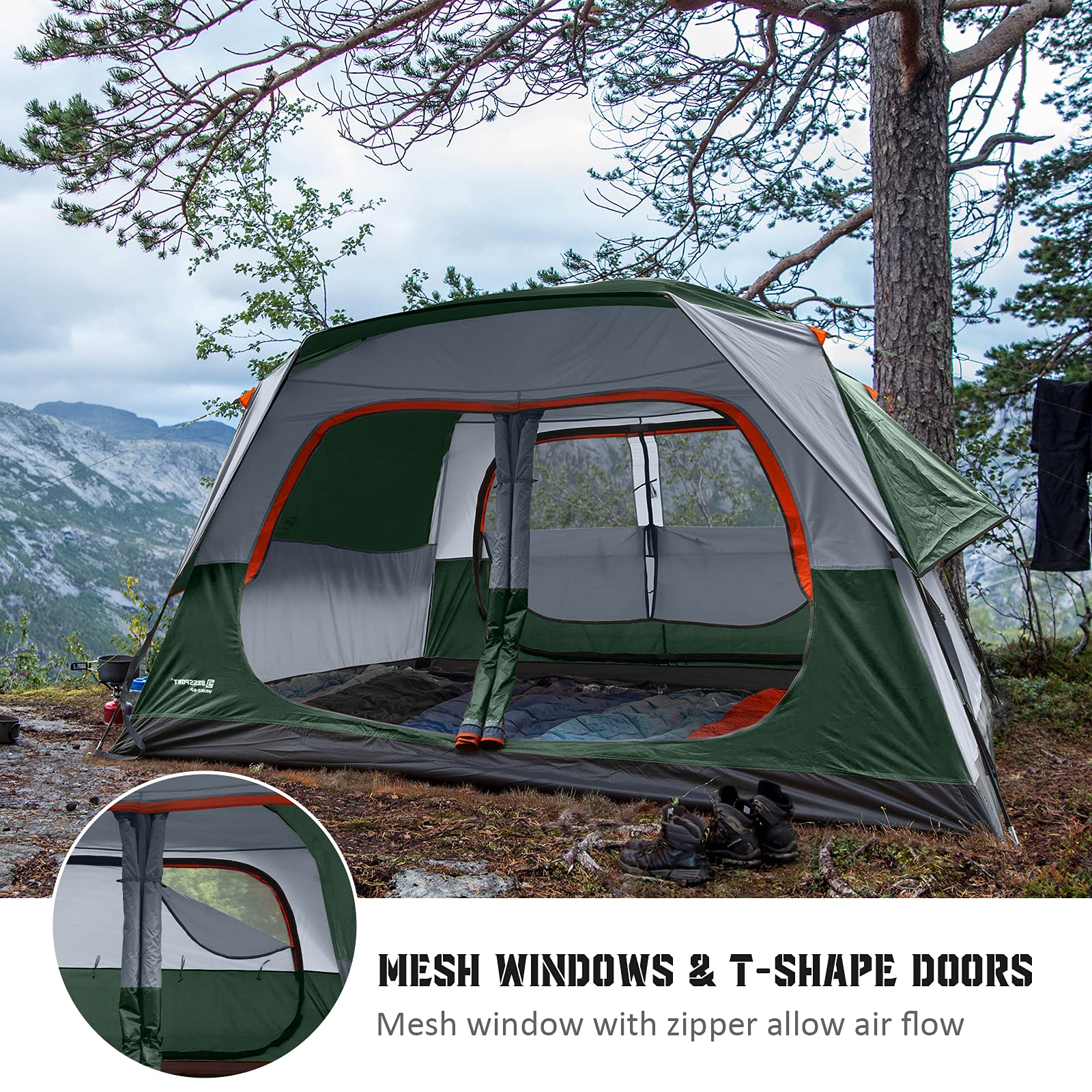 Bessport Camping Zelt 6 Personen Ultraleichte Zelt Wasserdicht 3-4 Saison Zwei Türen Sofortiges Aufstellen für Trekking, Outdoor, Festival, Camping, 