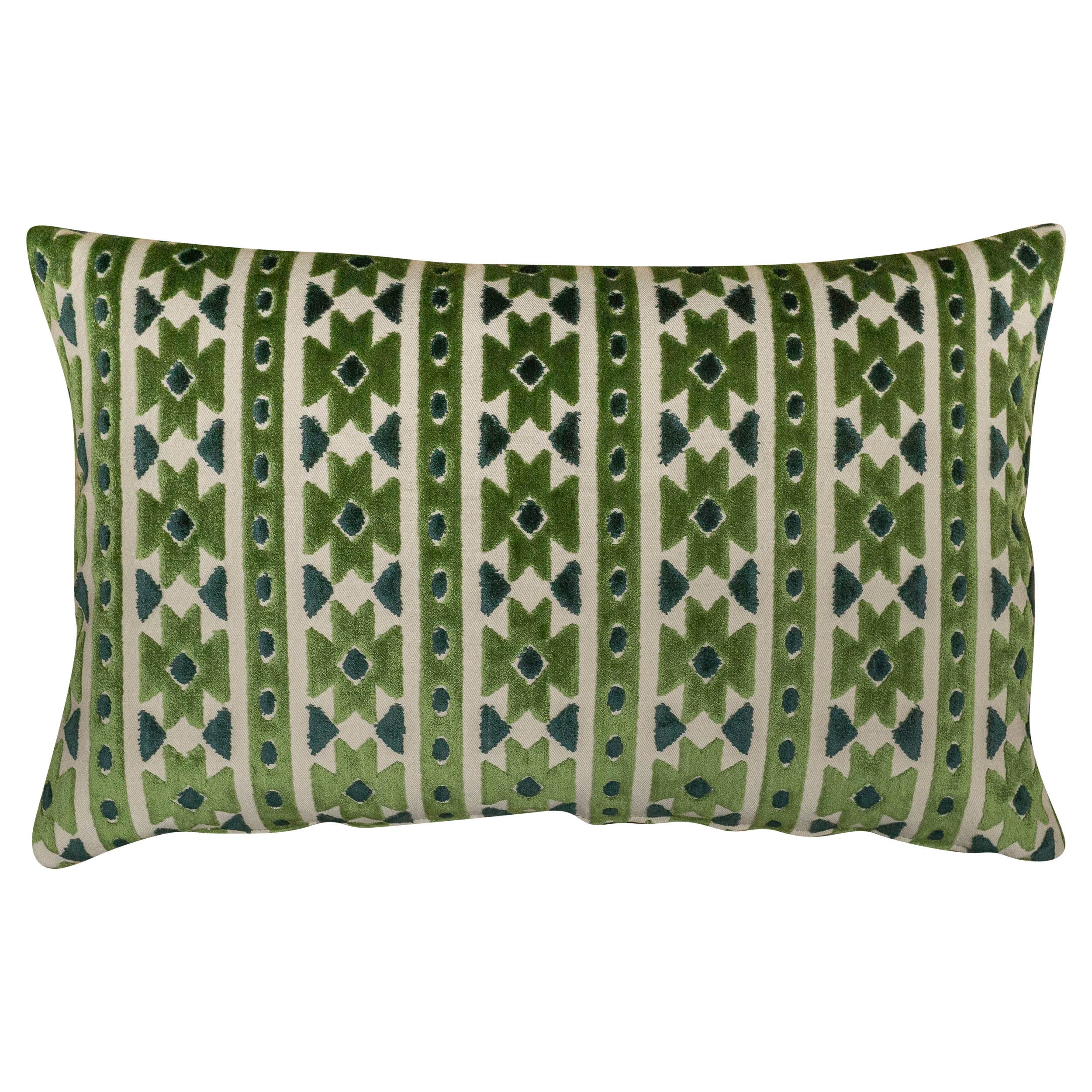 Linen Loft Green Kashan Geometric Cut Velvet Xl Rectangular Cushion Cover. Emerald And Natural Beige Triangular Geometric Pattern. 23X15 Xl Rectangle, Cover Only