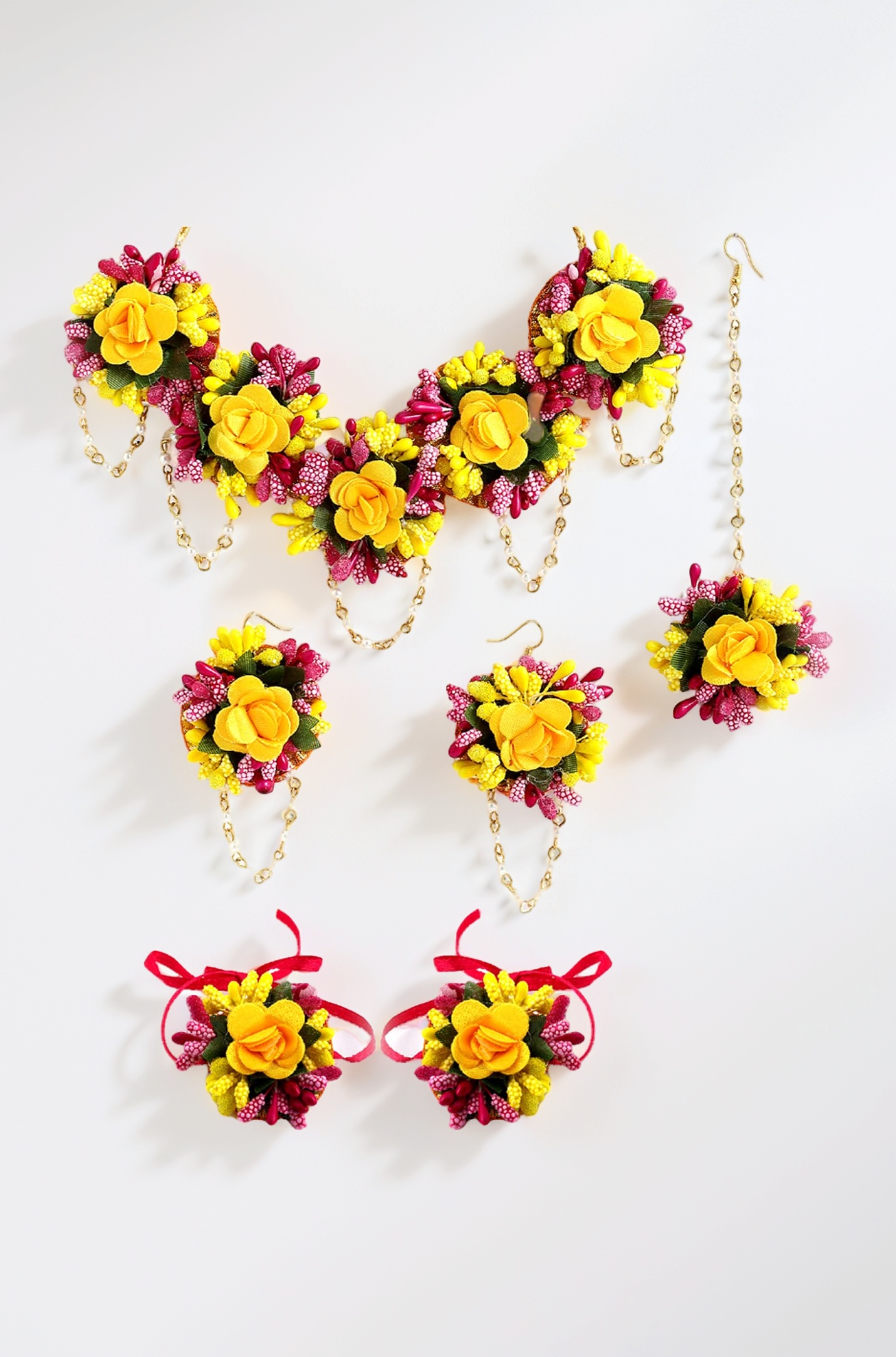 ZENEME Jewellery Flowers Jewellery Set For Haldi Gota Patti Necklace, Earrings, Bracelet & Maang Tika for Women & Girls (Mehandi/Haldi/Wedding/Bridal/Baby Shower)