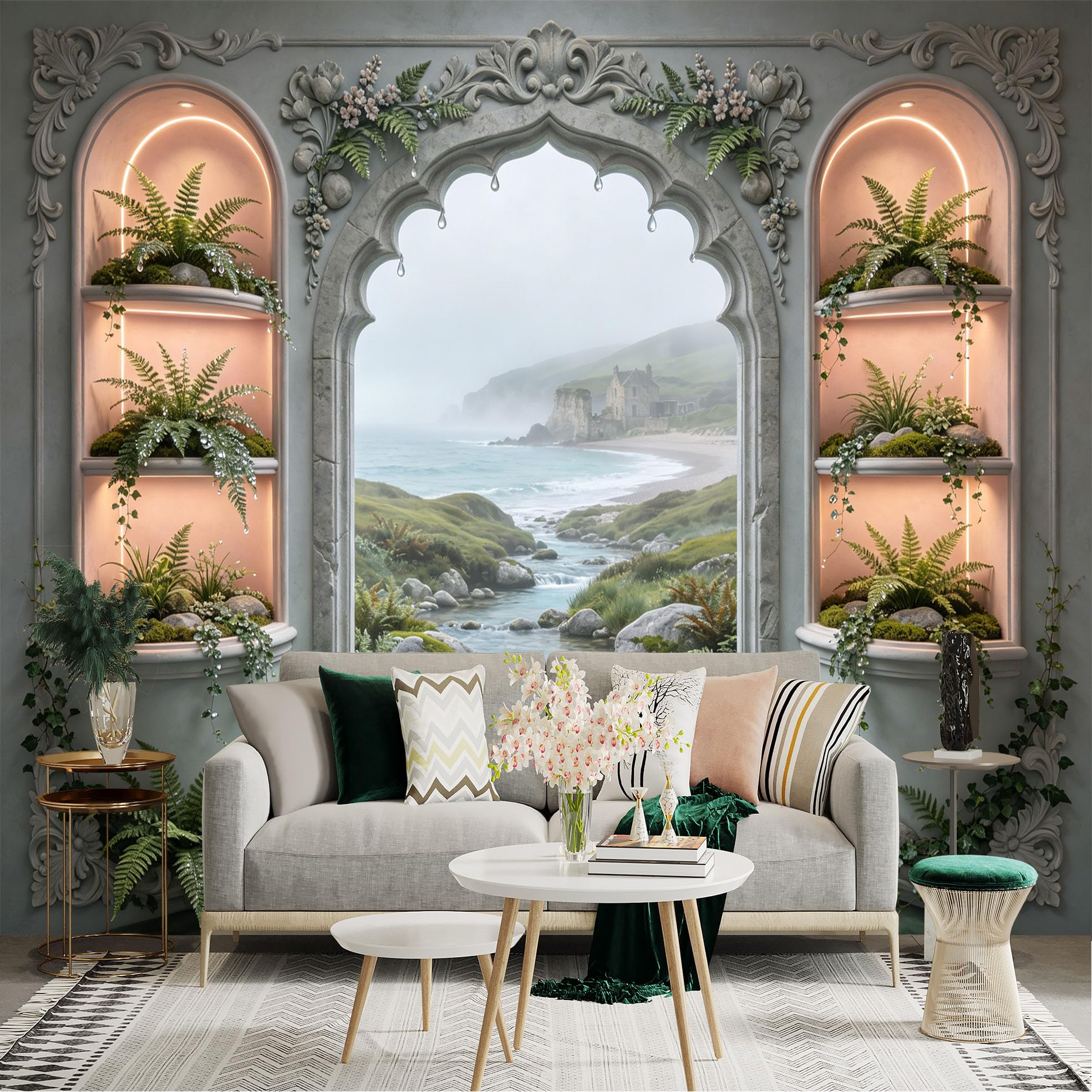 Lnzczhyre Dbh260521973 Custom Size Wall Sticker Mural， Scenic Coastal Archway With Lush Ferns， Flowing Stream， Rocky Shoreline， For Wall Decoration， Peelandstick Wall Decals.