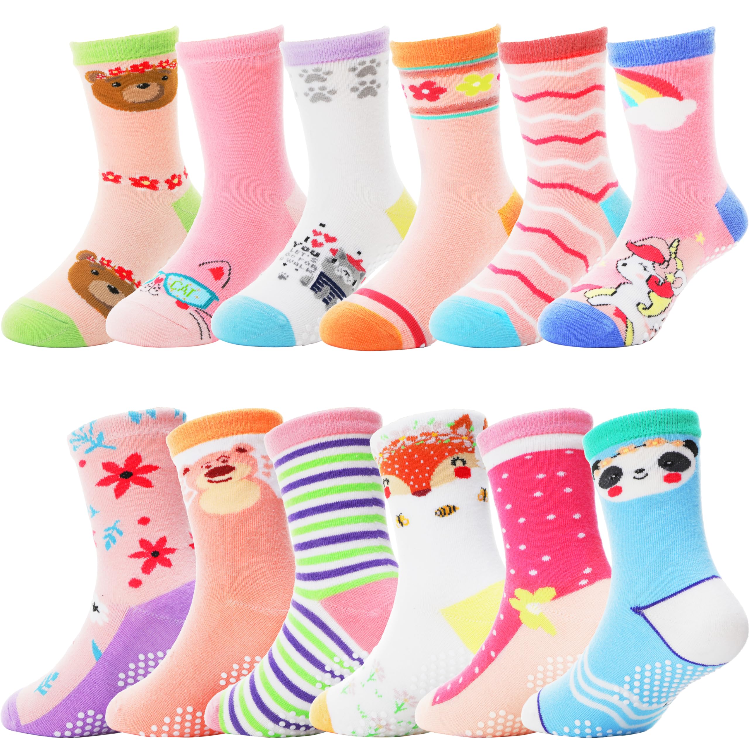 ANTSANG Stoppersocken Kinder Baby Mädchen Socken Anti Rutsch / Rutschfeste Socken Baumwolle Antirutschsocken für Kinder Mädchen Kleinkind 12 Paare