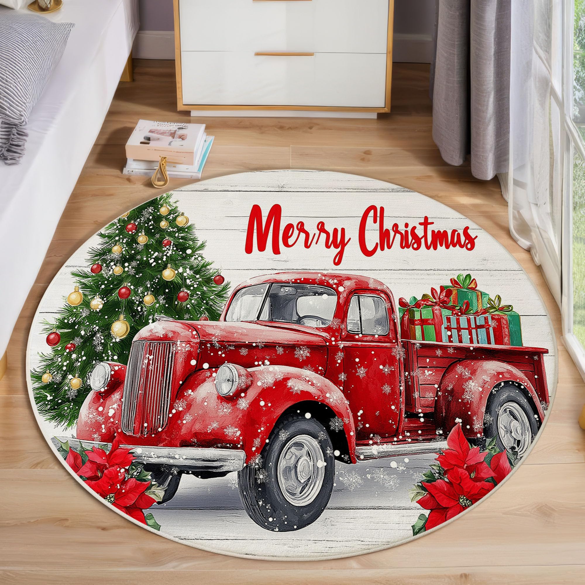 Tapis rond aquarelle camion de Noël 100 cm antidérapant et doux