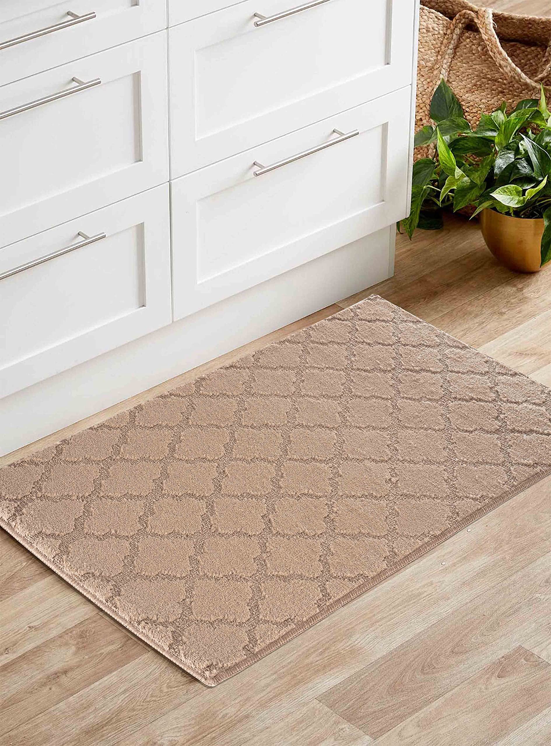 IVY Washable Door Mat Kitchen Mats Non Slip Trellis Design Kitchen & Hall Runners Doormats, Beige, 50x80 cm
