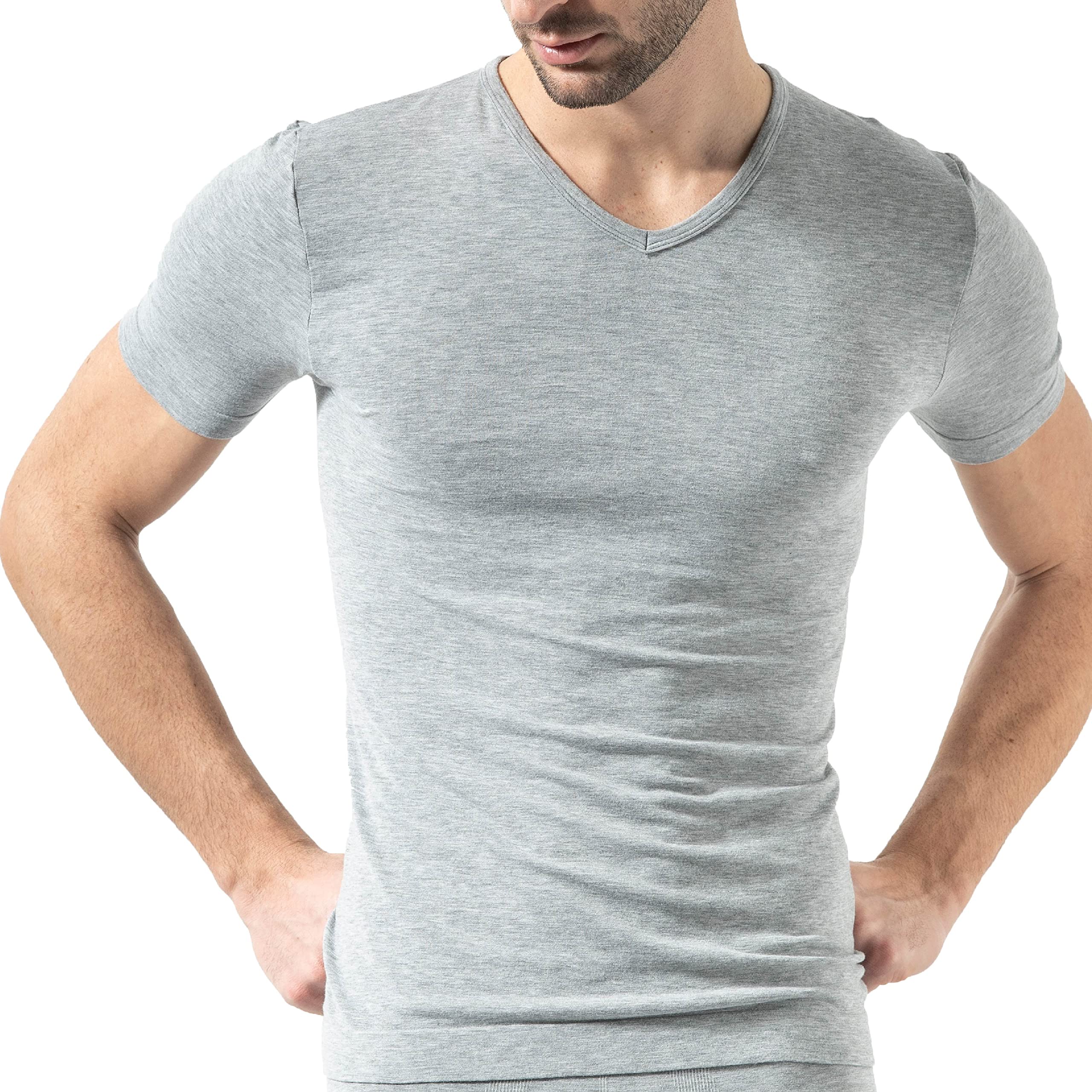 Risalti Men's Grey T-Shirts V Neck Bamboo Seamless - T-Shirt V Neck T-Shirts Bamboo, Softer Than Cotton T Shirts, T Shirt Breathable, T Shirts Comfortable - Made In Italy