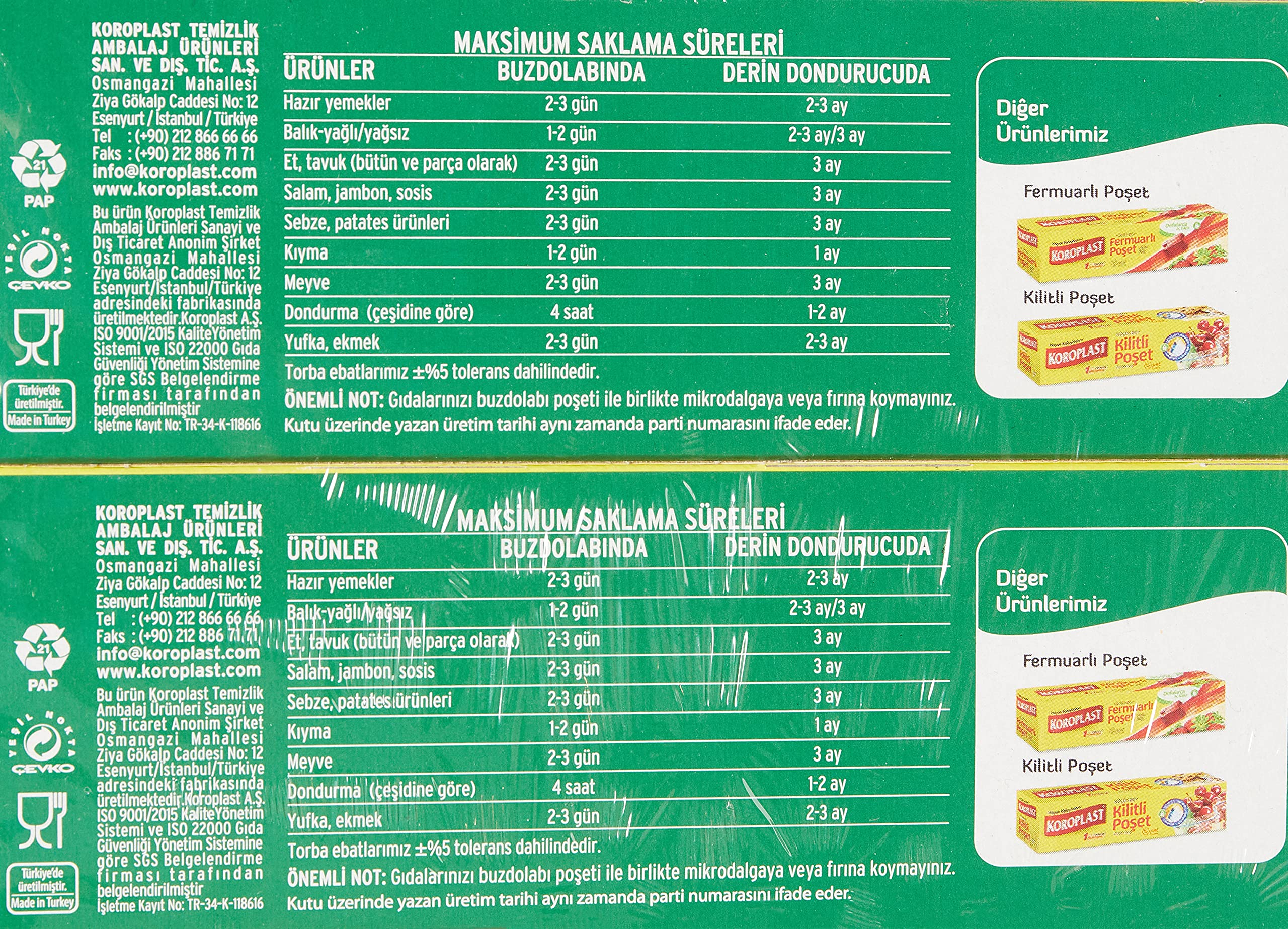 Koroplast 3'lü Çok Al Az Öde Orta Boy 60'lı Buzdolabı Poşeti (3 x 20 Adet) 2li paket