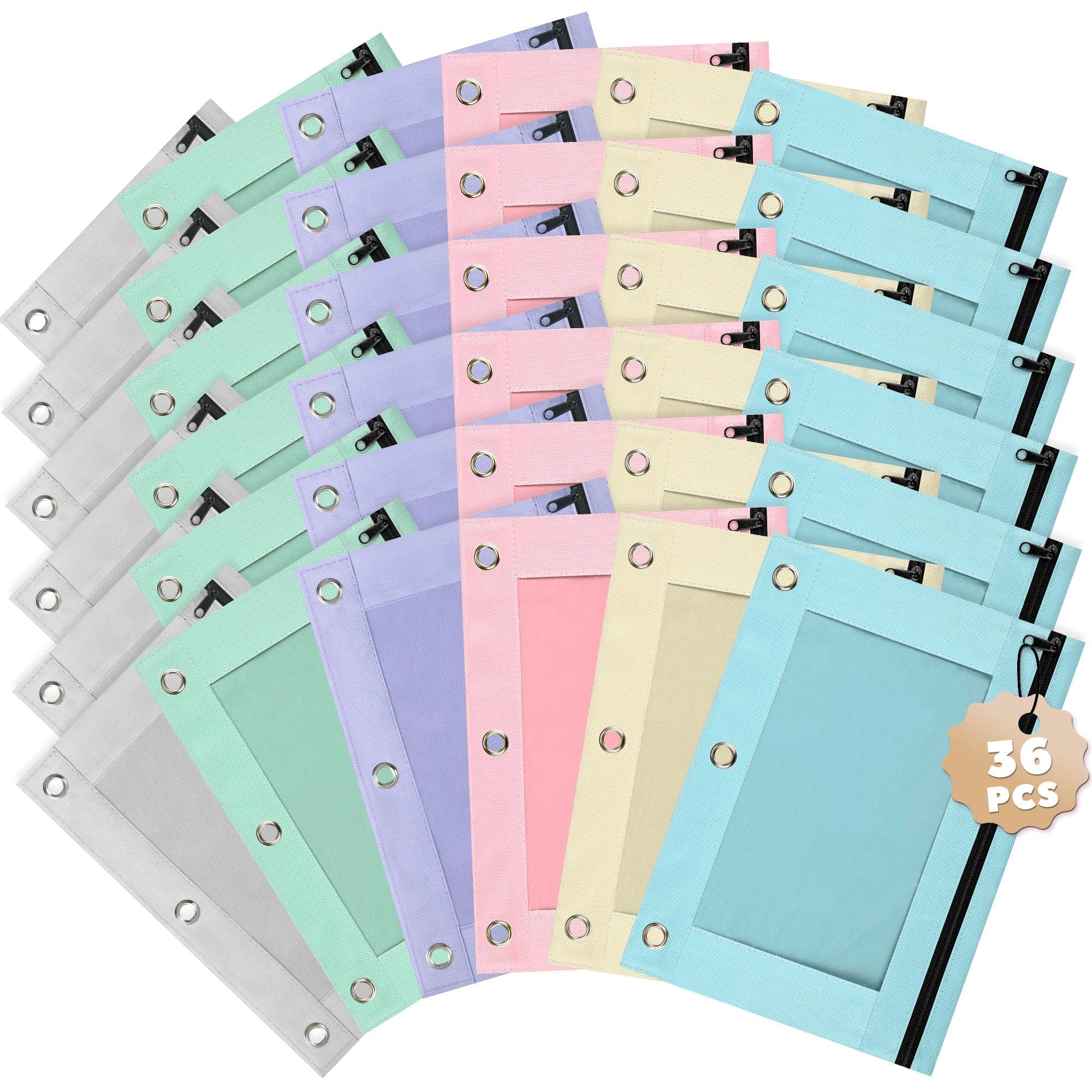 Lanpn Pencil Pouch for 3 Ring Binder 36 Pack, Pastel Binder Pen Bags Bulk with Zipper, Aesthetic 3 Holes Pencil Pouches Organizer for Boy Girl Kids School Student, Reinforced Grommets &amp; Clear Window
