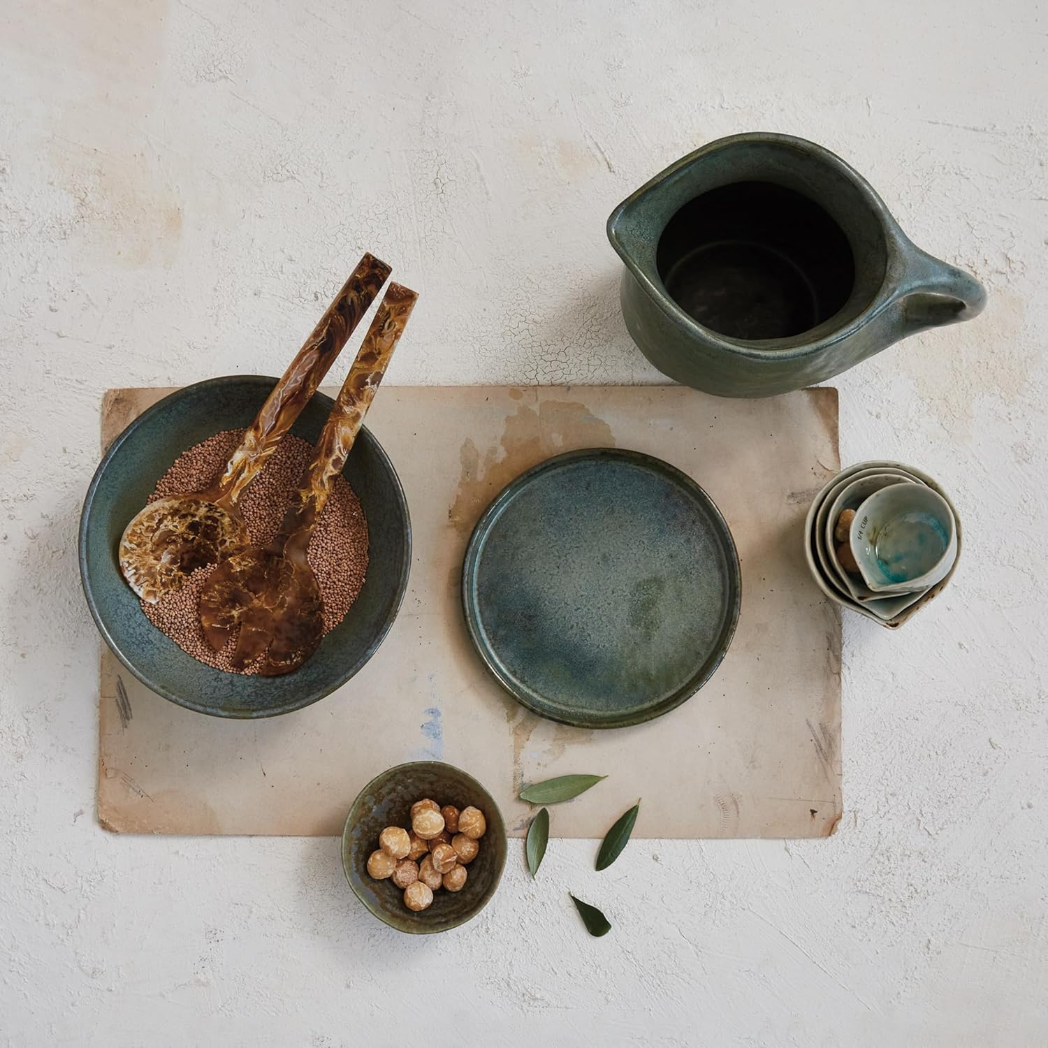 Creative Co-Op Round Stoneware Pitcher with Reactive Glaze, Matte Teal