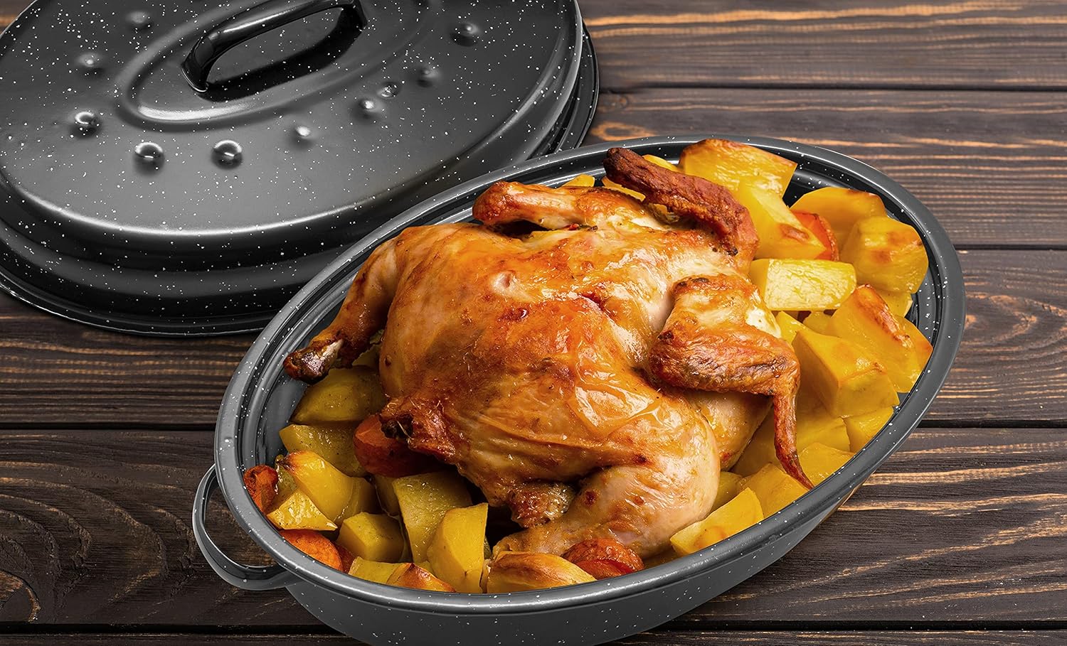 Granite Roasting Pans, Black (15" Oval Roaster Pan With Lid)