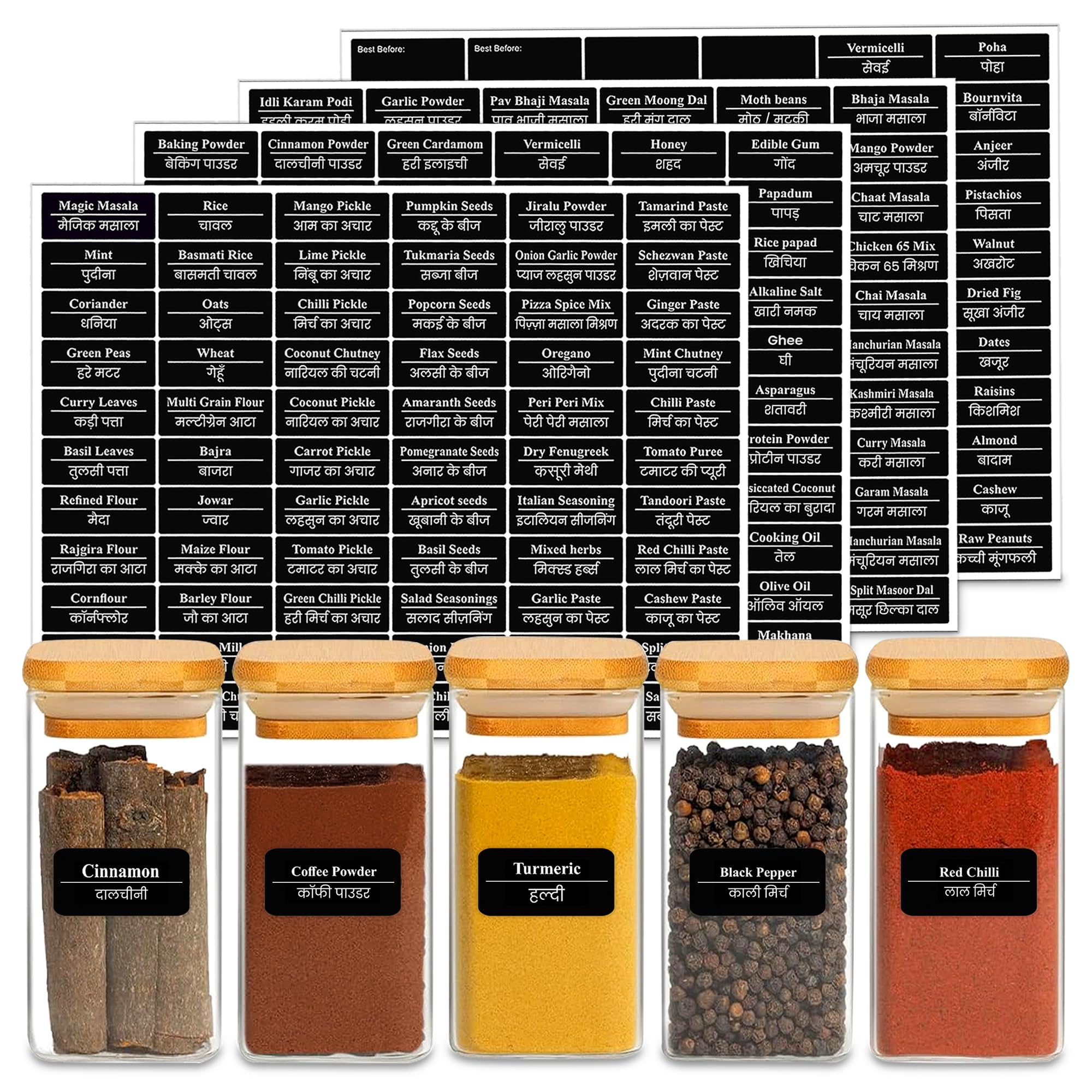 GLUN Pre Printed 264 Labels Vinyl Stickers, Non-Tearable Waterproof Glossy Labels, 25x50mm Size, Pre-Printed All Categories Kitchen Pantry Spice Jars Glass Bottles