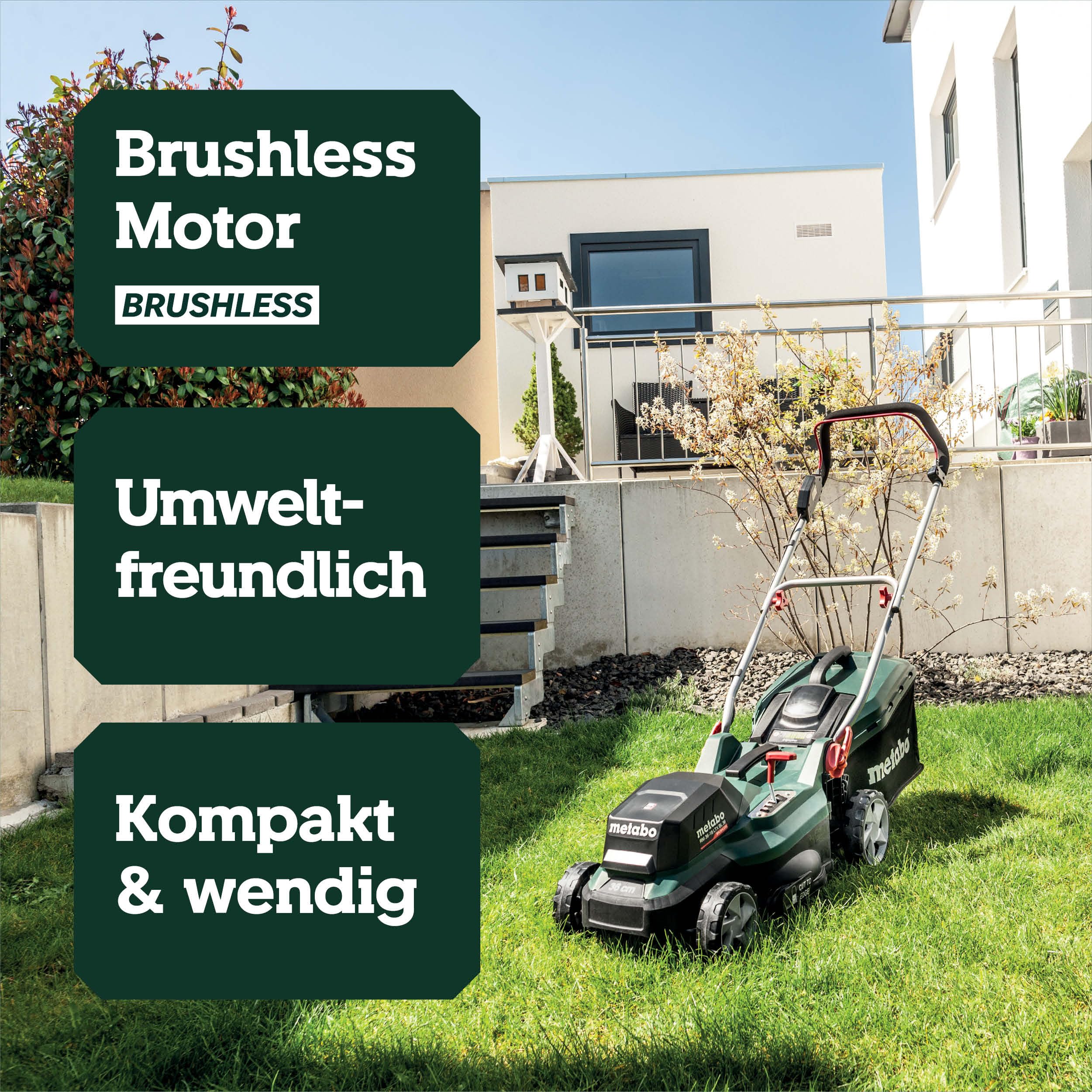 metabo Akku-Rasenmäher RM 36-18 LTX BL 36, Mulchmäher für Garten & Rasen | Elektrischer Rasenschneider ohne Akku und Ladegerät, kompakter Mäher für 350 m², 5-Stufen Schnitthöhe, inkl. Fangsack