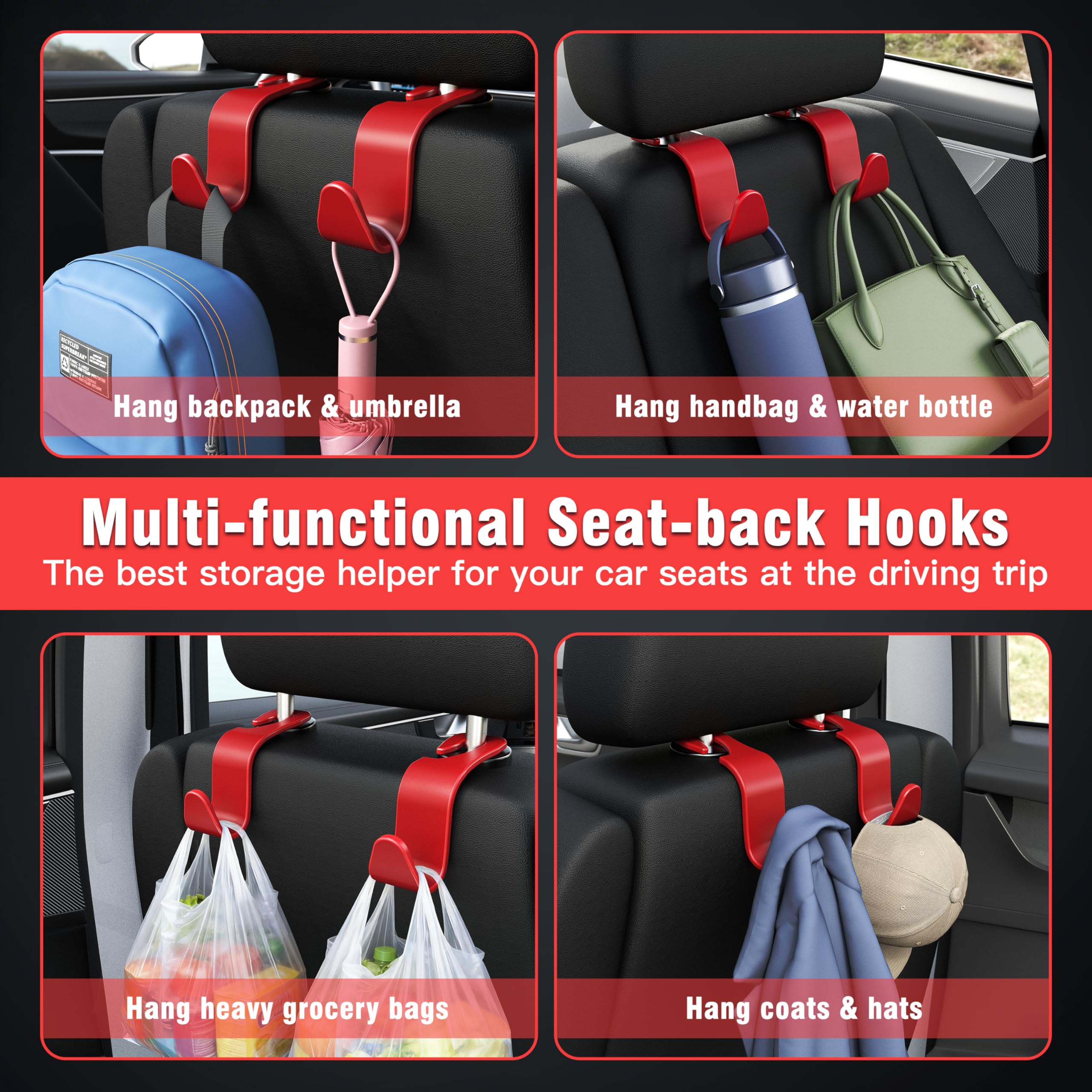 4-Pack Car Headrest Hooks Holds 55lbs Seat Storage Organizer for Bags view 5