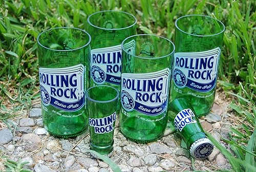 Set of 4 upcycled Rolling Rock glasses and 2 shot glasses