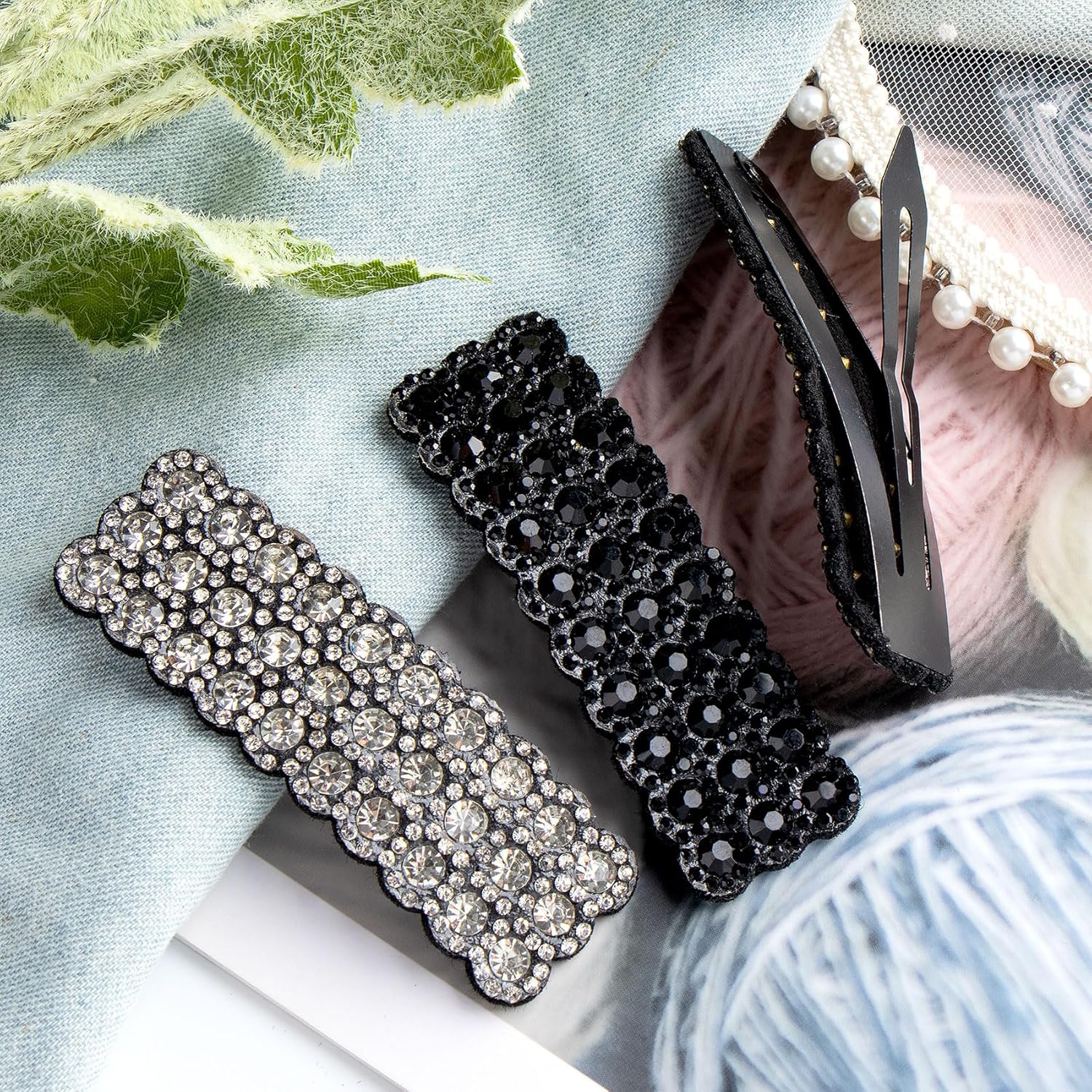 2Pcs Rhinestone Snap Hair Clips Sparkly Crystal Barrettes Silver Black Rectangular Hairpins Korean Wedding Party Accessories for Women - Image 7