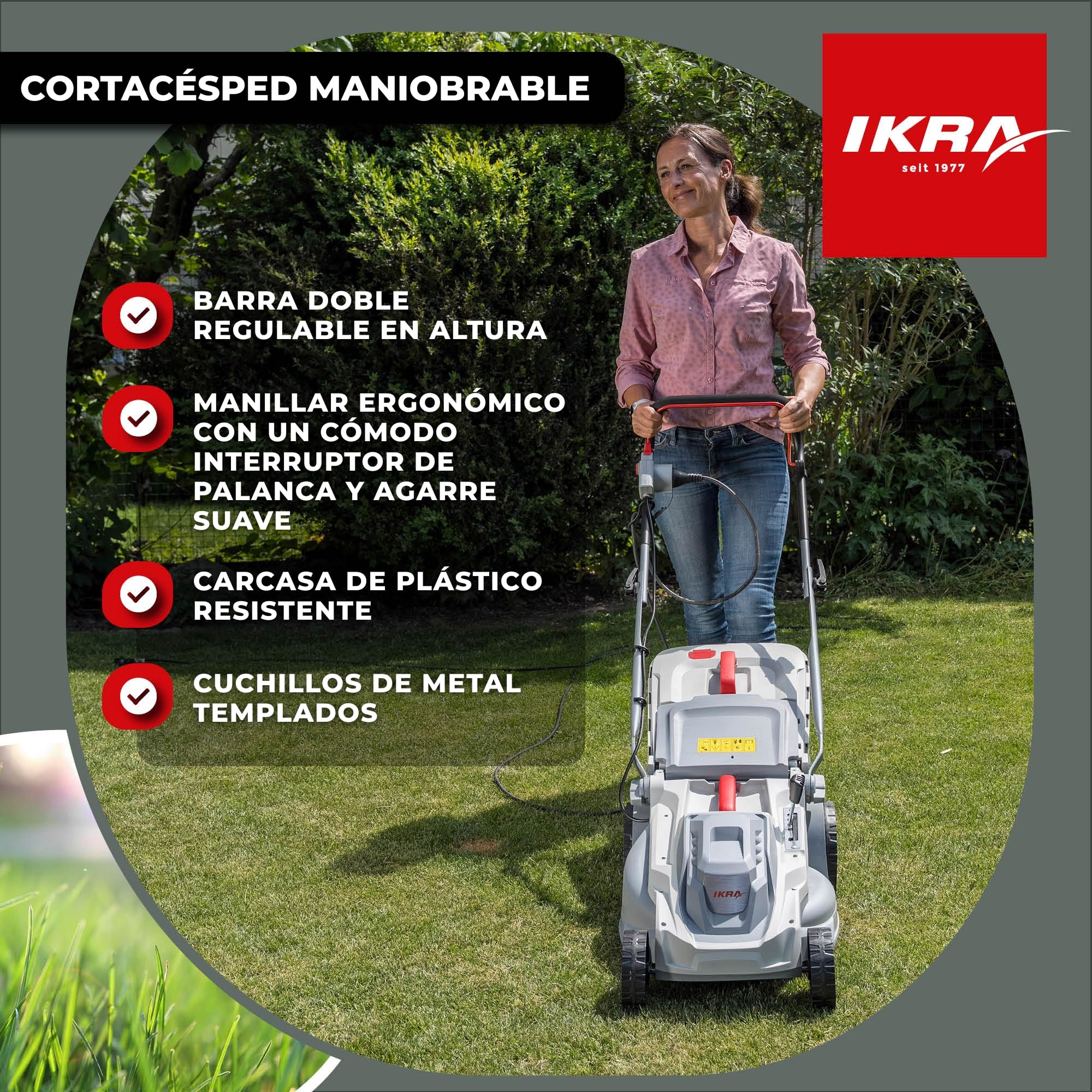 IKRA cortacésped eléctrico IERM 1638-1, 1600 W, Ancho de Corte 38 cm | Manillar regulable, altura de corte de 30-75mm, bolsa de colectora de 42 l, cuchilla de metal, manillar de guía plegable