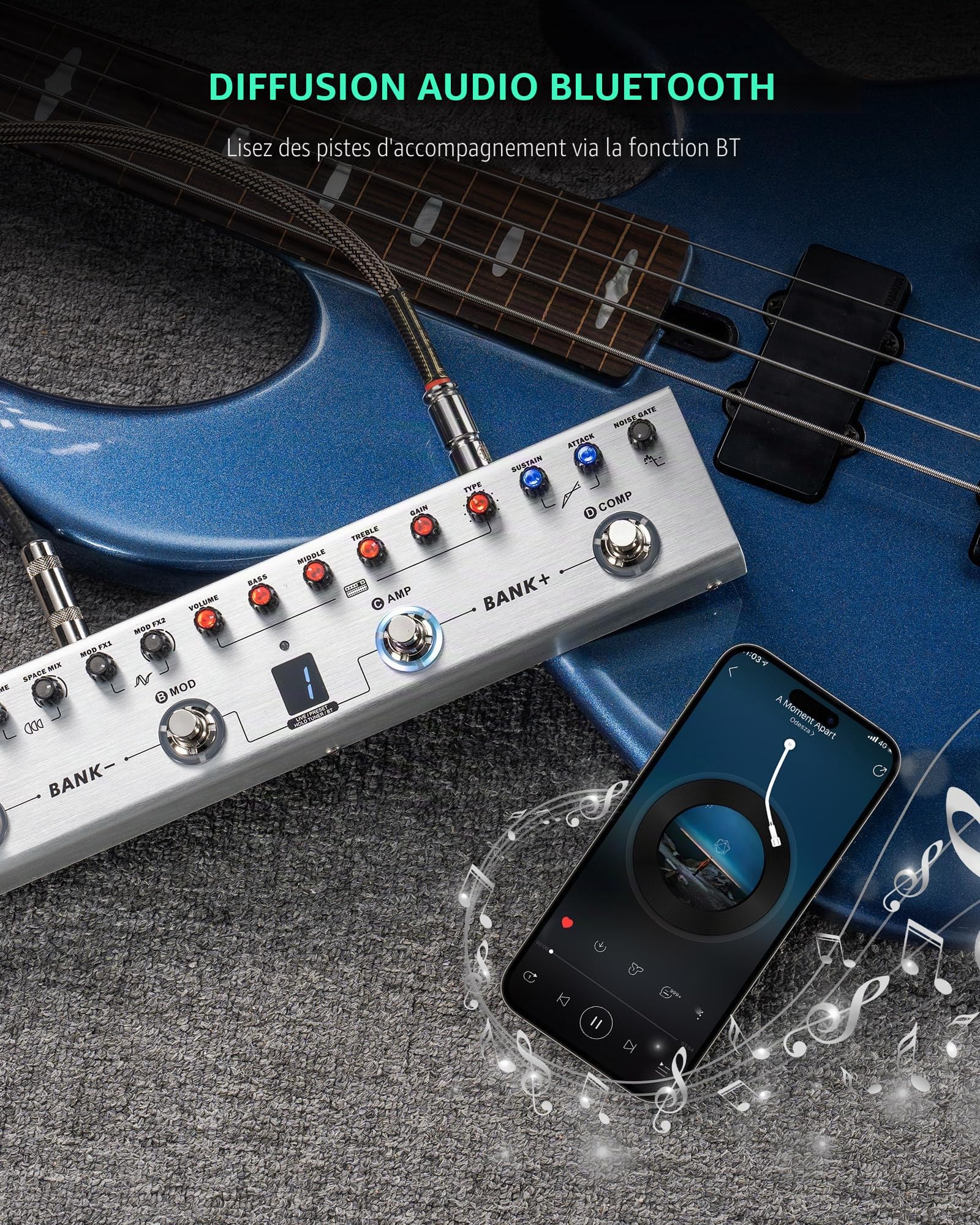 LEKATO Pédale d'effets multiples pour basse avec 36 presets éditables, compresseur, Space, MOD, Reverb, chargement IR, enregistrement, accordeur, batterie intégrée, connexion BT (Bass)