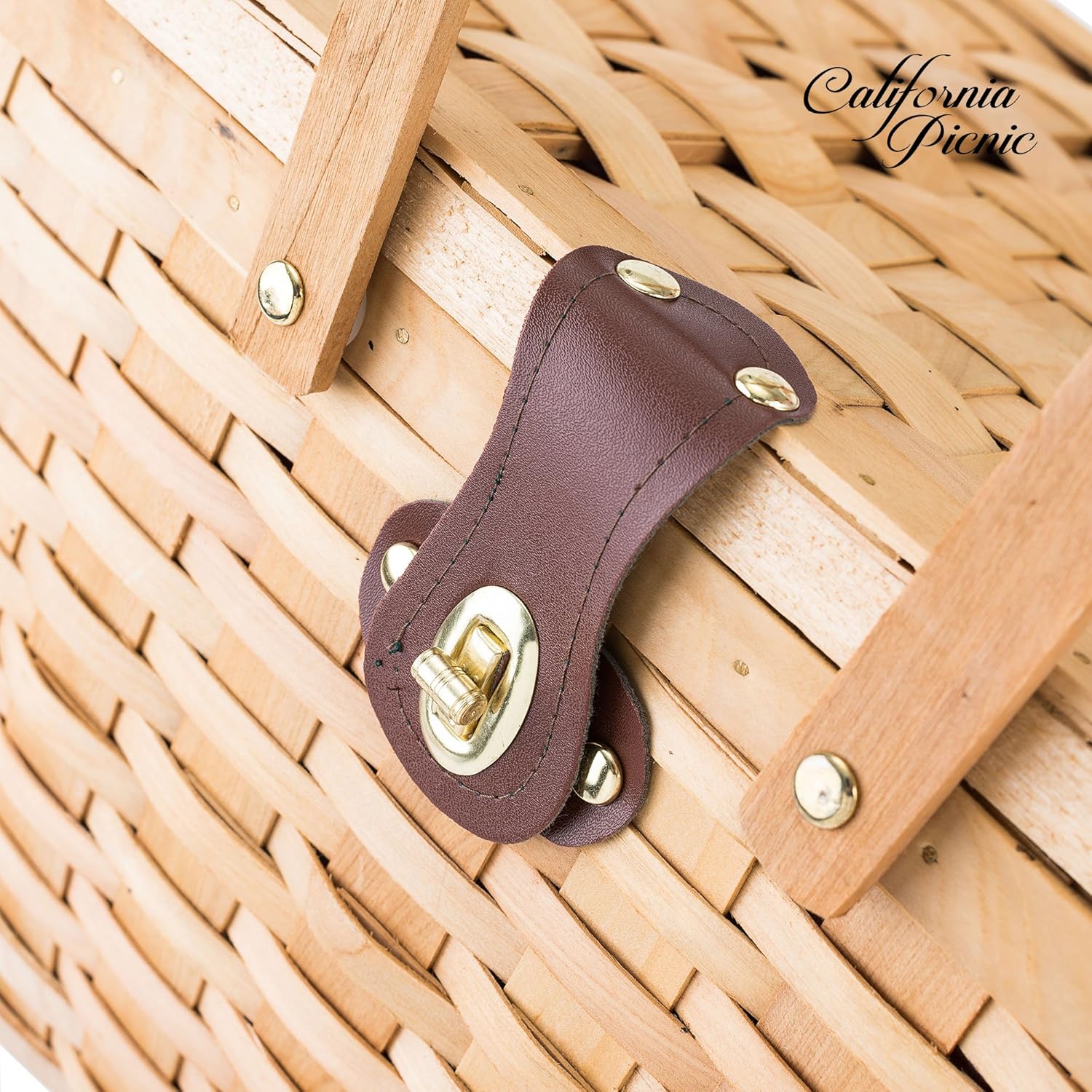 Picnic Basket | Wood Chip Design | Red and White Gingham Pattern Lining | Strong Wooden Folding Handles | Features a Leather Strap Metal Lock for Safety | Natural Eco Friendly Woven Woodchip Basket