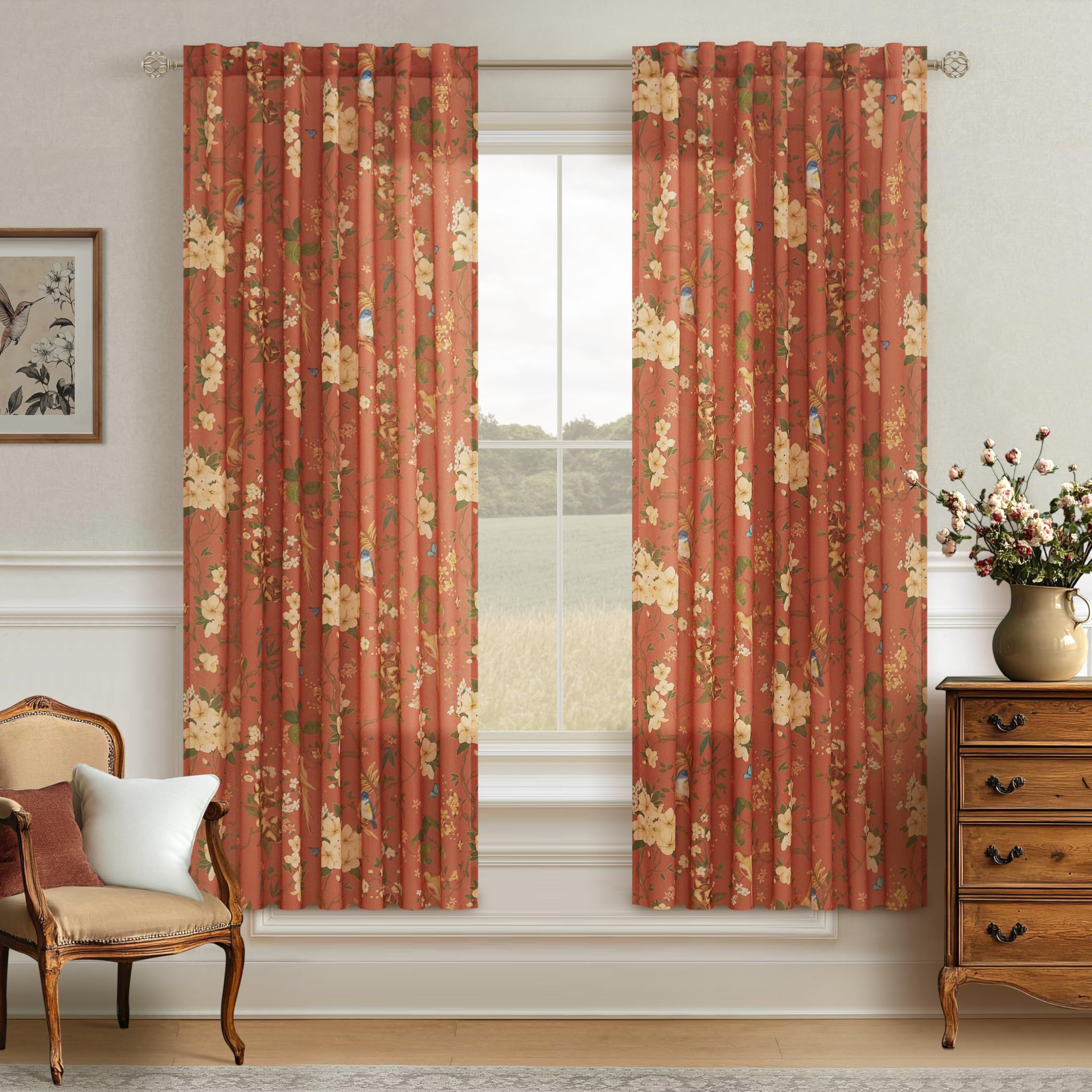 72 Inch Terracotta Floral Bird Linen Curtains for Living Room 2 Panels | Back Tab,Vintage,Rustic,Boho,Flower Pattern,Semi Sheer,Light Filtering,Window Drapes,Bedroom Cabin,Dining,Autumn Fall Decor