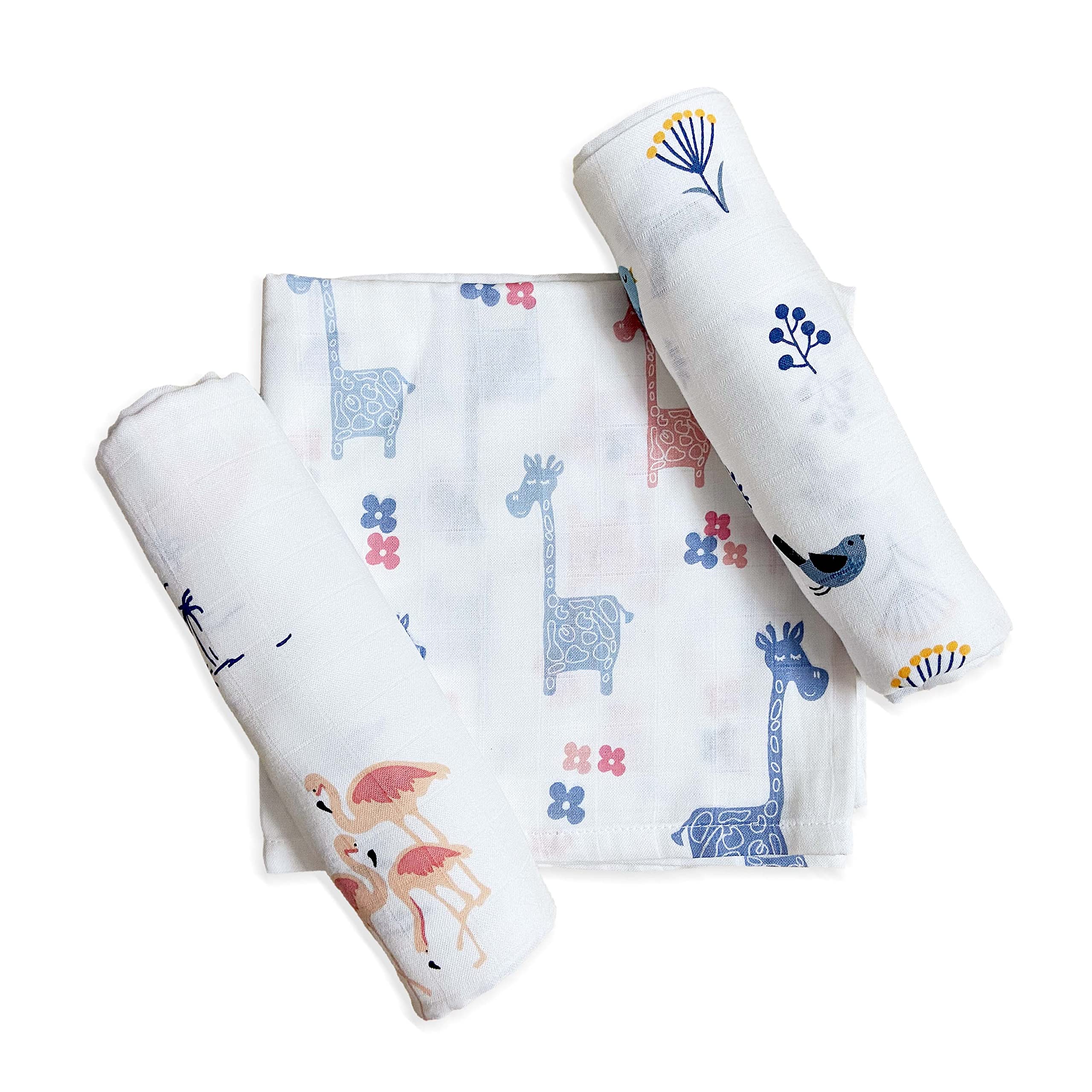 TinyLane - Curated for you! 100% Organic Bamboo Muslin Swaddle New Born Baby, 0-6+ Months, 90x90 cm, Multi Color, Skin Friendly (Bird + Giraffe + Flamingo, Pack of 3)-image-41