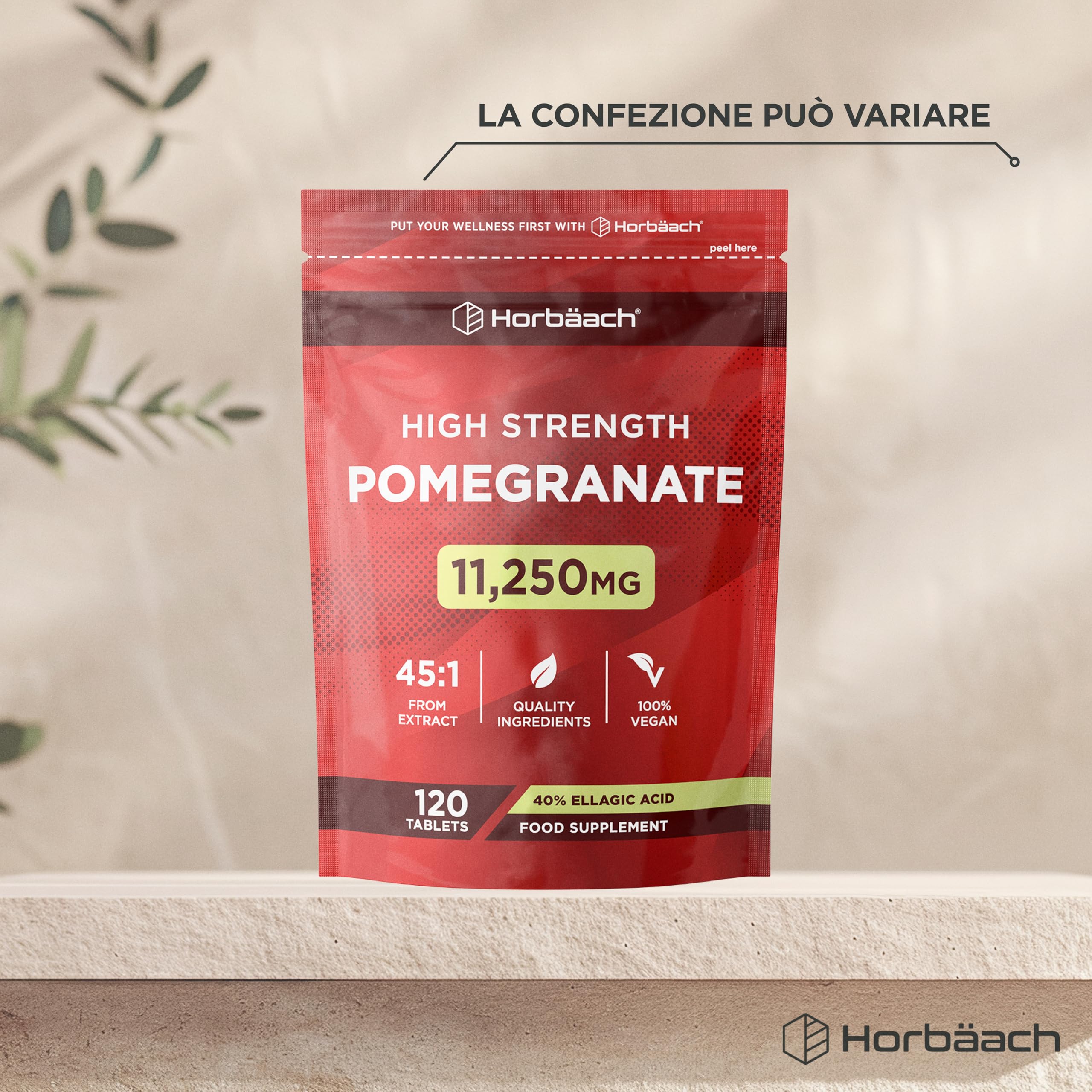 Estratto di Melograno Integratore 11250 mg | 120 Compresse Vegane | 4 Mesi di Scorta | 40% di Acido Ellagico | Pomegranate Extract Supplement | di Horbaach