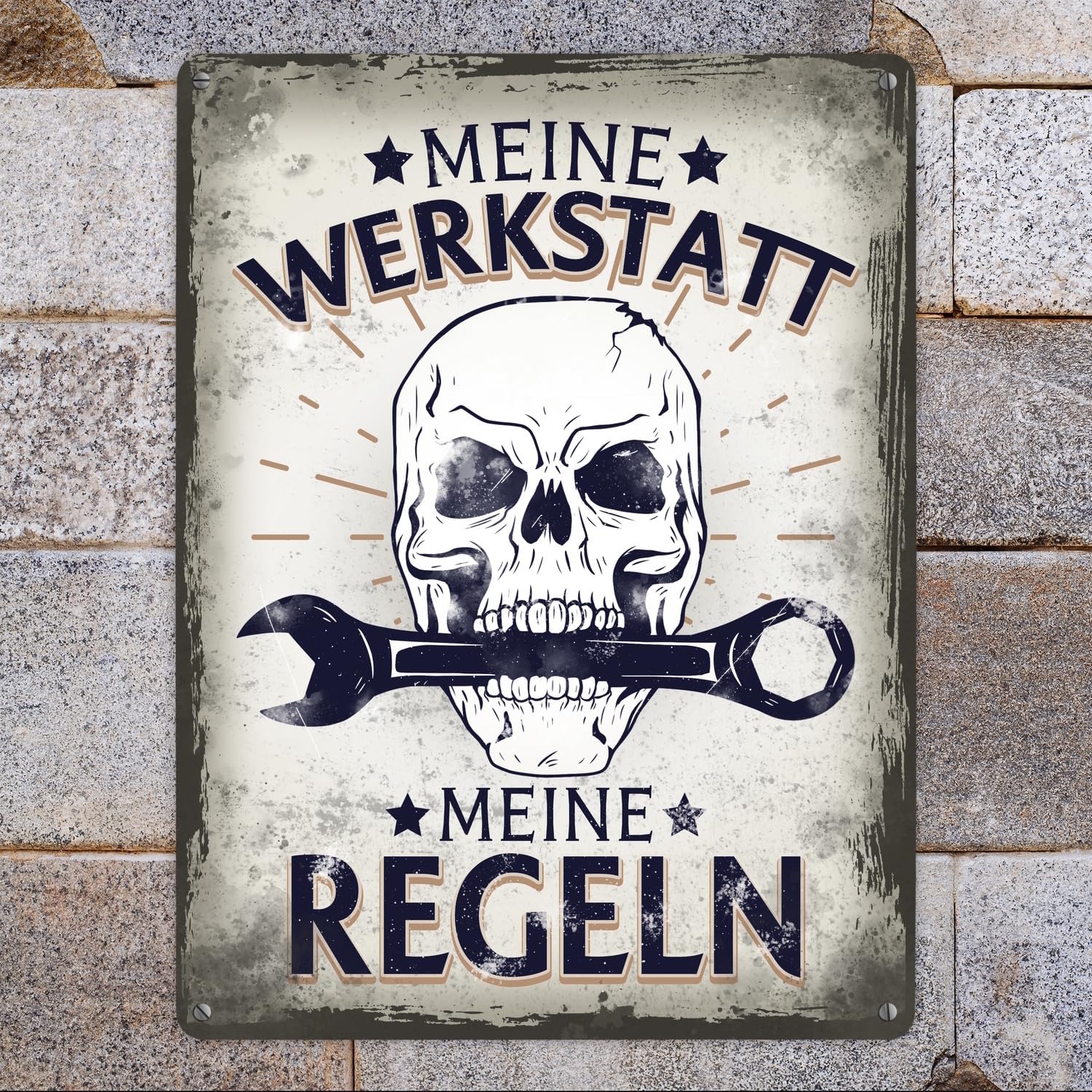 Meine Werkstatt meine Regeln mit trupia Czaszka Metalowa tabliczka XXL 28 x 38 cm jako prezent dla wszystkich hobbystów i majsterkowiczów jako tabliczka na drzwi do warsztatu, aby podkreślić miłość do